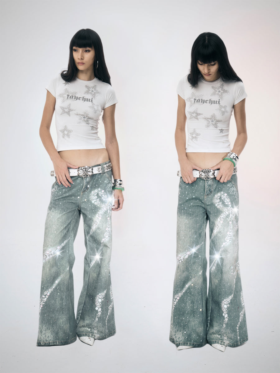 Full Rhinestone Bow Wide Leg Pants