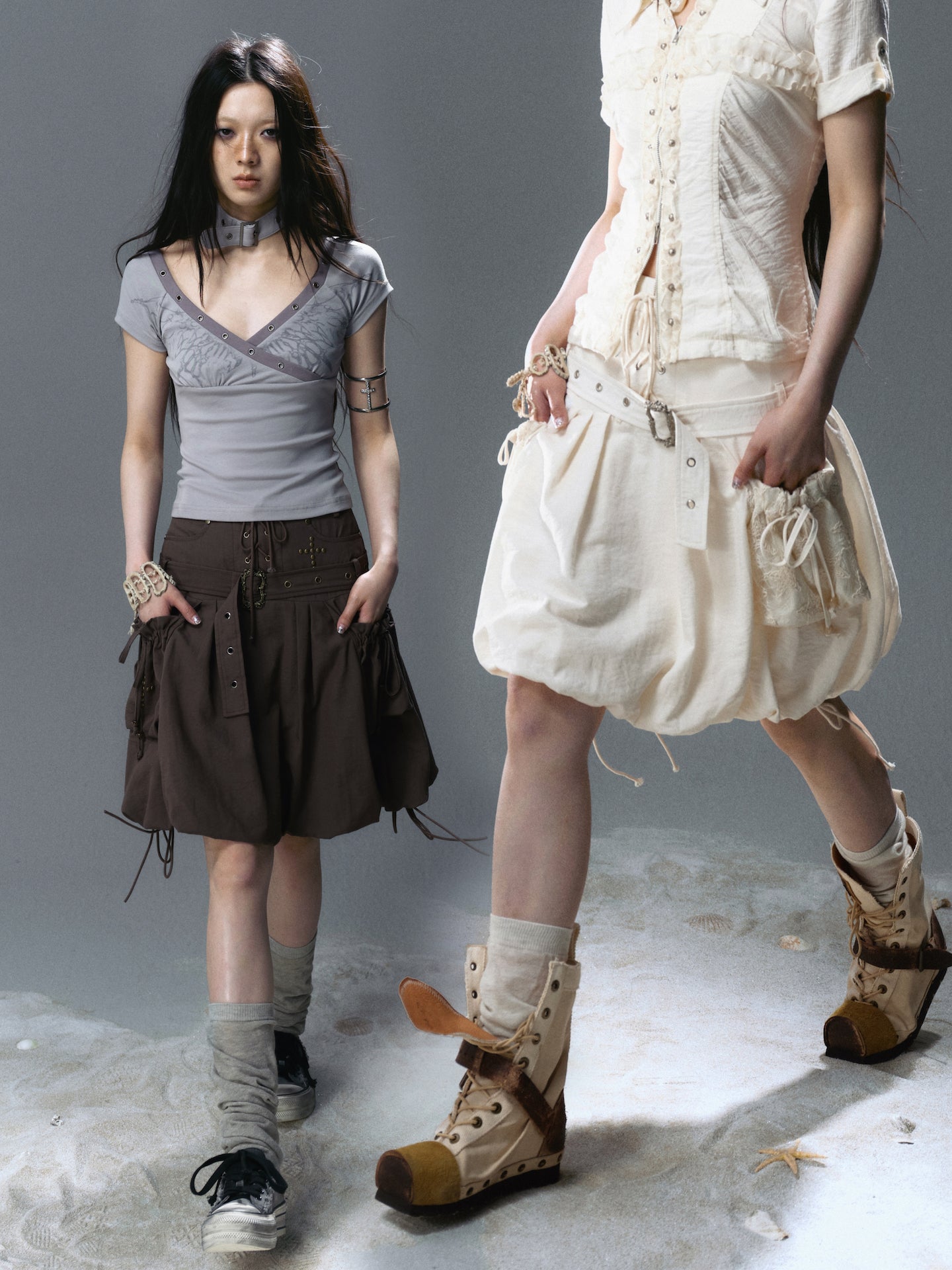 Mid-Waist Lace-Up Studded Cargo Skirt