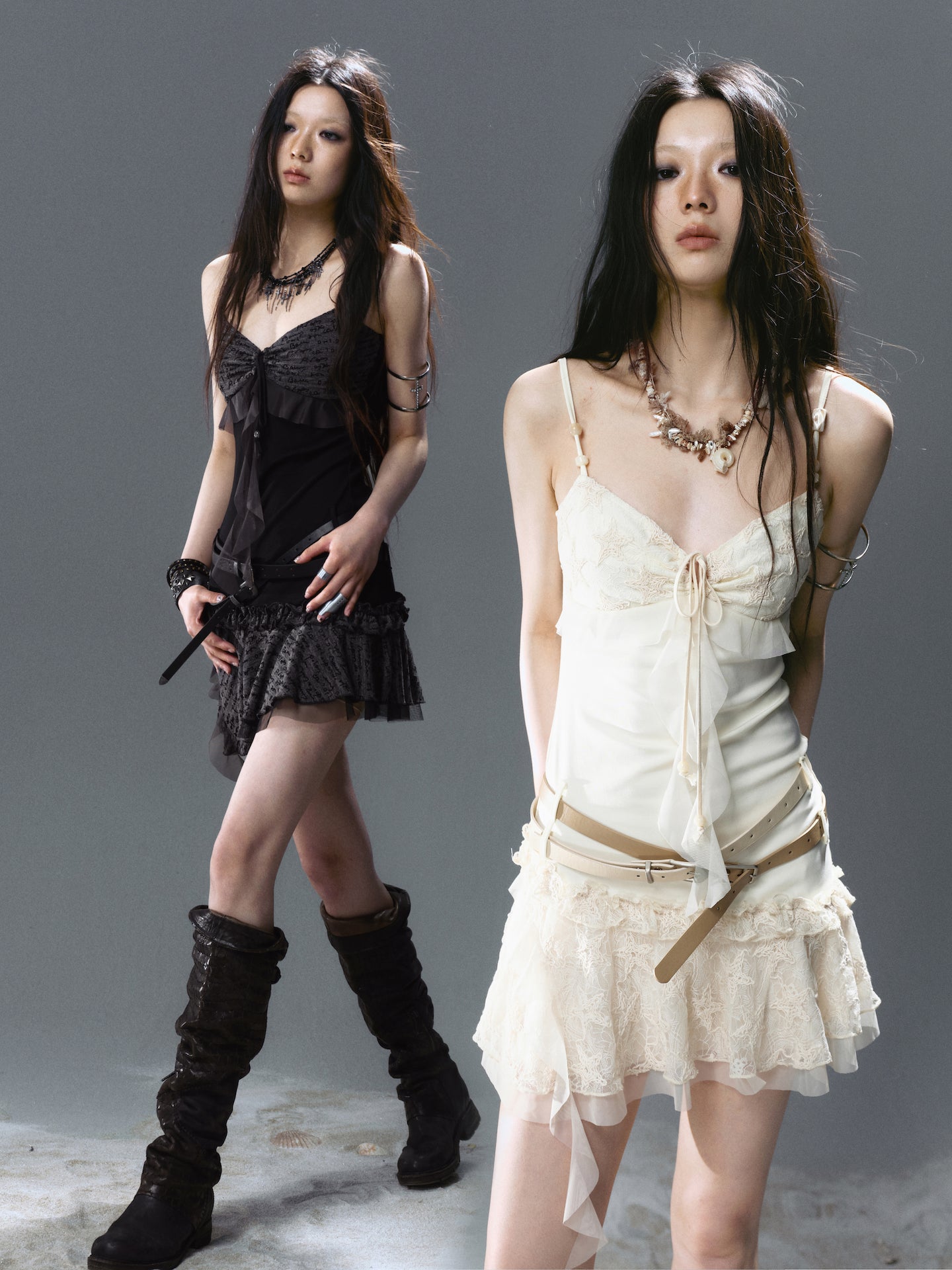 Pleated strap belt patchwork suspender skirt