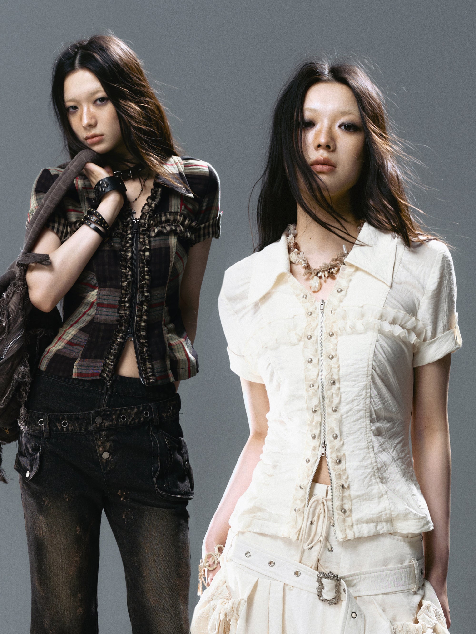 Riveted cross-pleated lace shirt