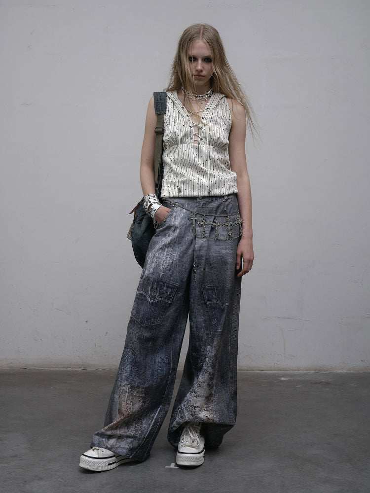 Hand-Drawn Digital Print Lace Relaxed Straight Leg Jeans