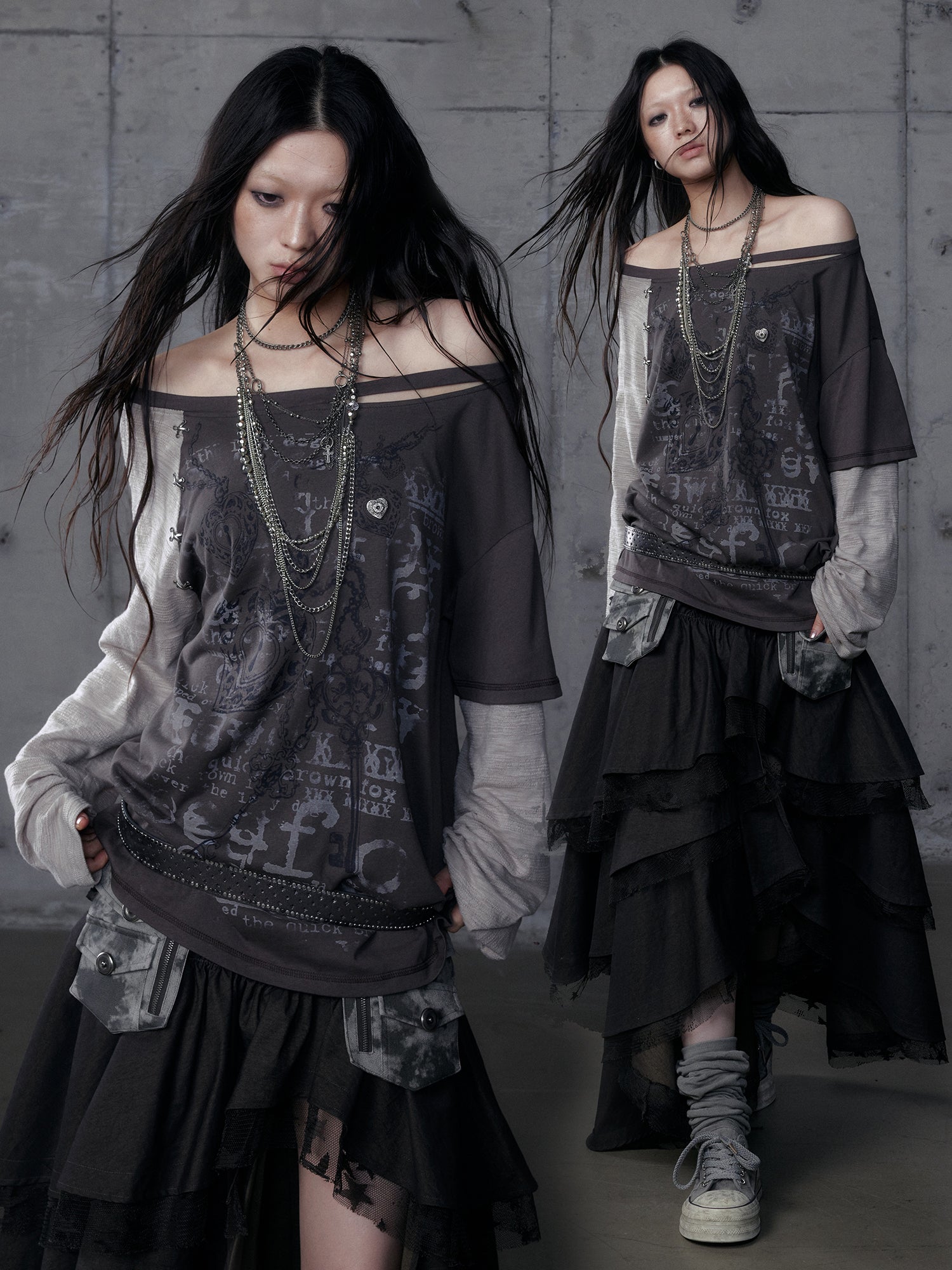 Distressed Fake Two-Piece Off-Shoulder Long Sleeve Top