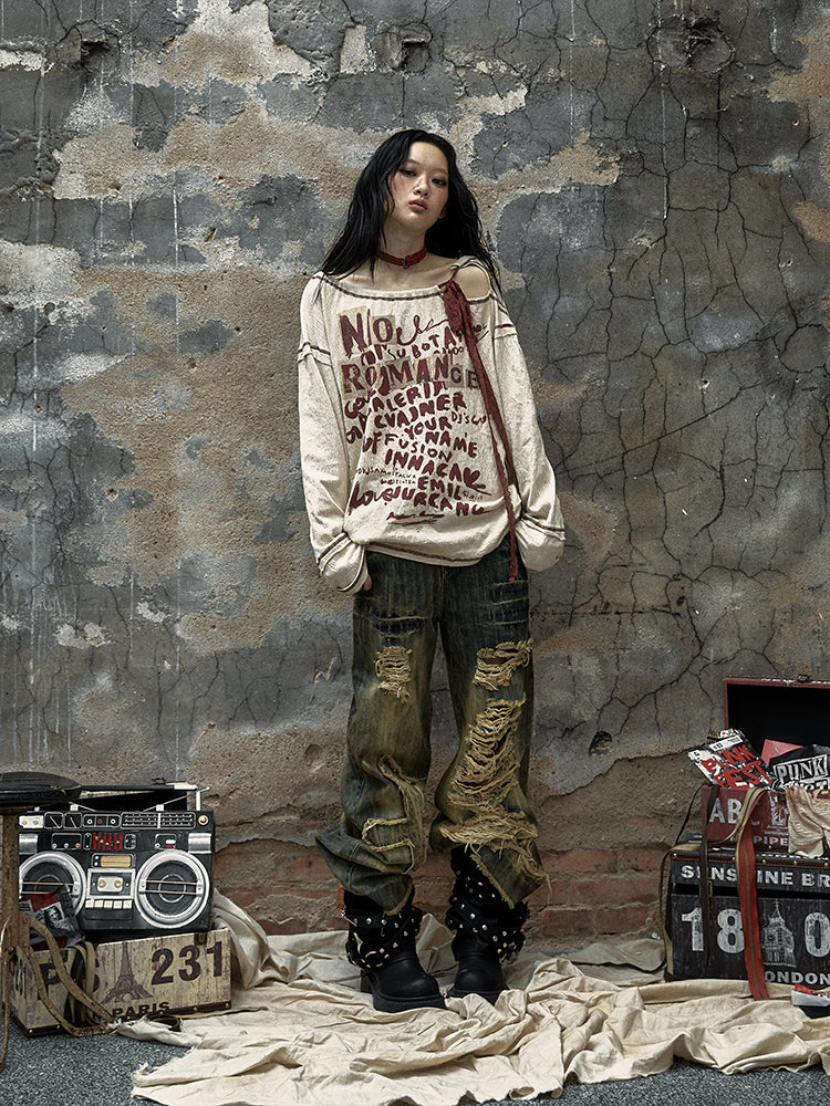 Distressed Tie-Dye Lace Print Oversized Tee