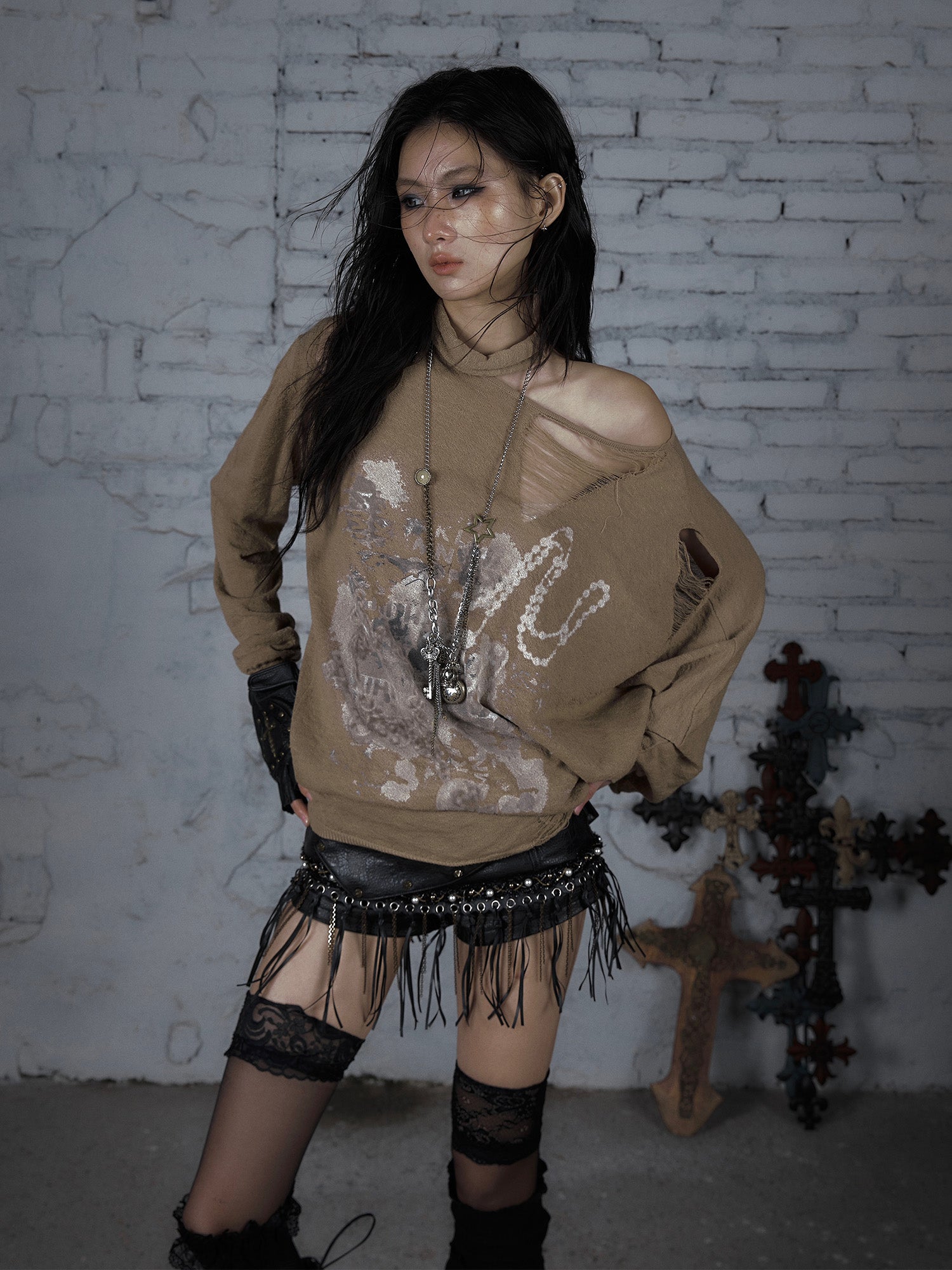 Distressed Off-Shoulder Loose Knit Sunshirt
