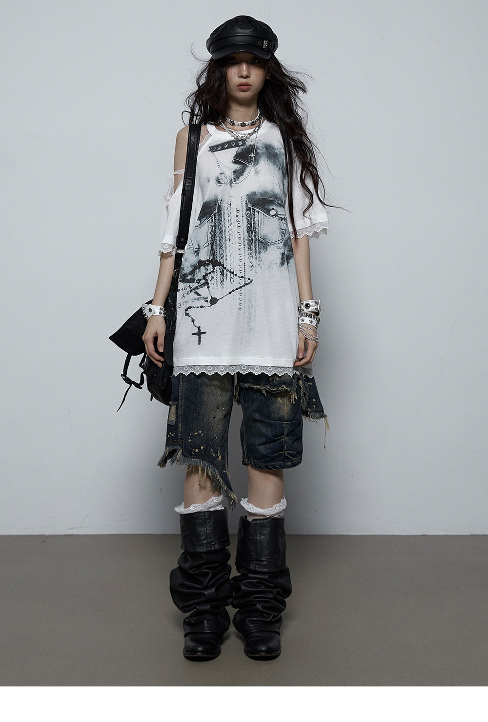 Splicing Lace Strapless Loose T-shirt