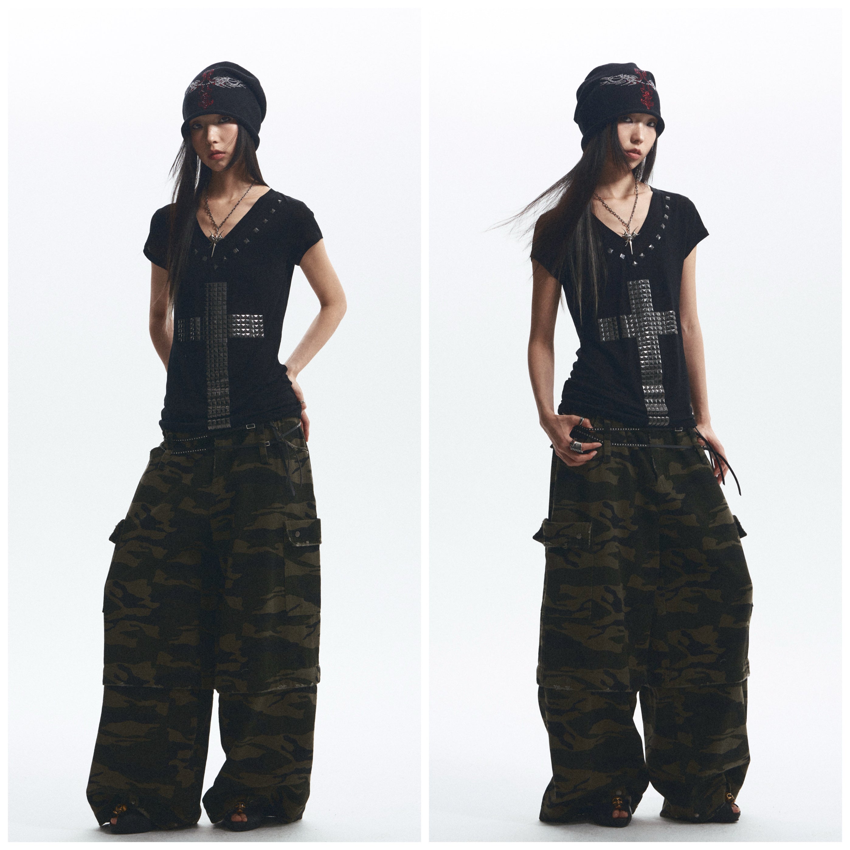Baggy Straight-Leg Camo Pants with Detachable Cuffs (Includes Belt) |Presale