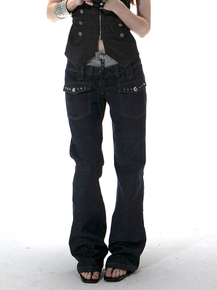Double-Waist Straight Leg Raw Denim Jeans