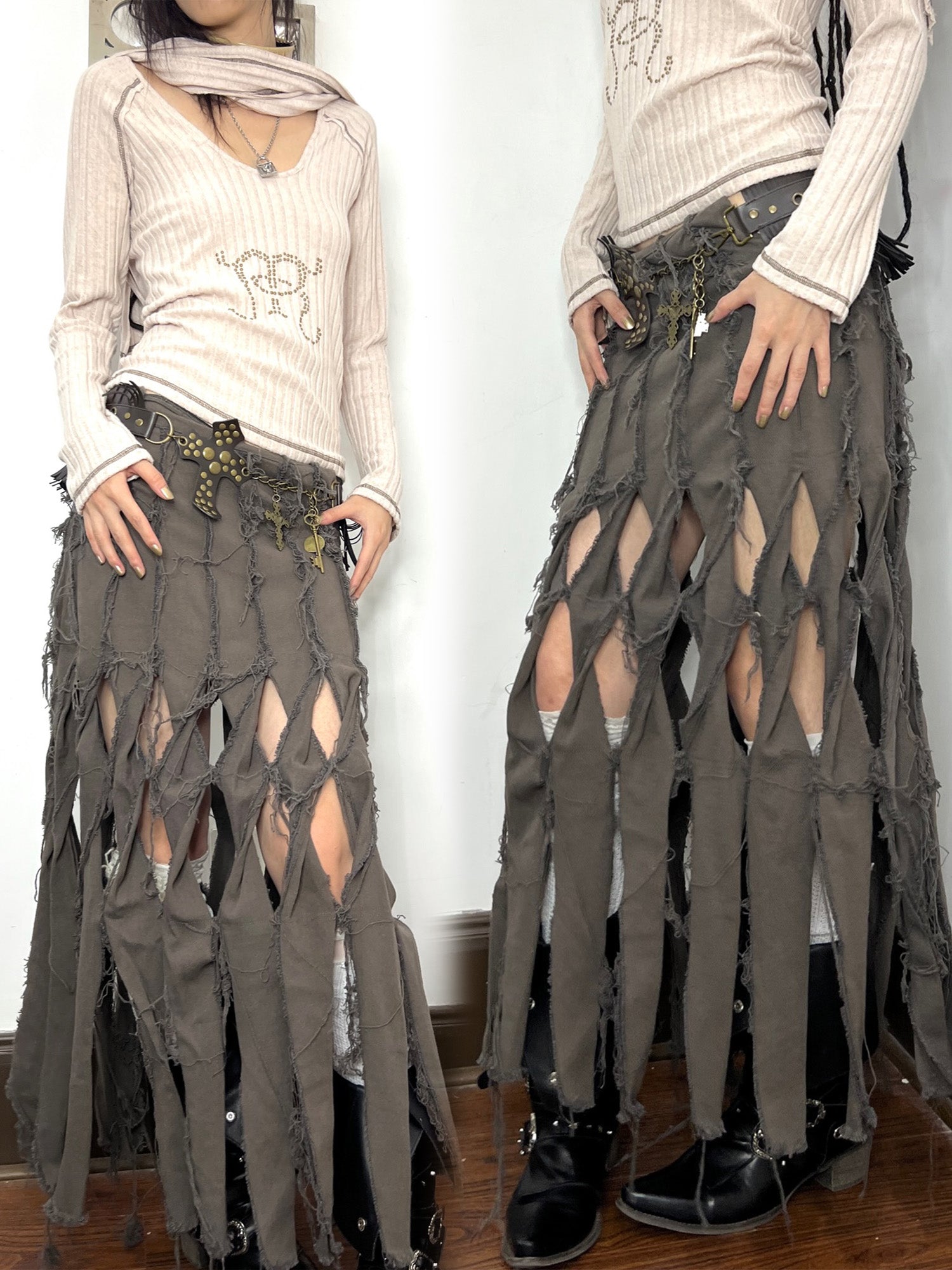 Knotted Fringe Distressed Maxi Skirt