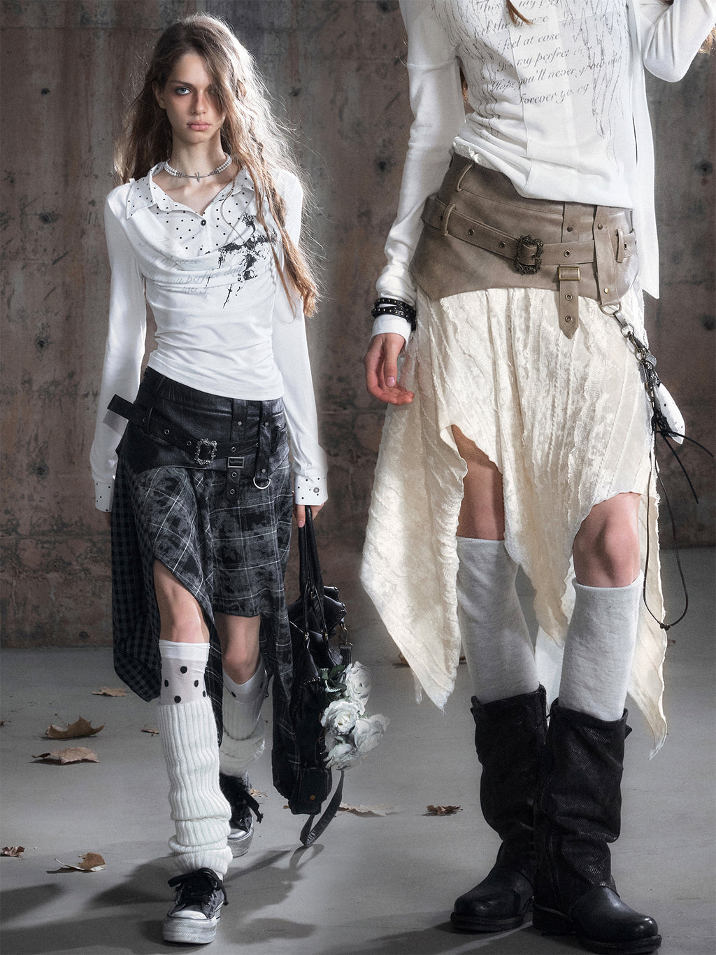 Velvet Patchwork Asymmetric Checkered Hem Midi Skirt