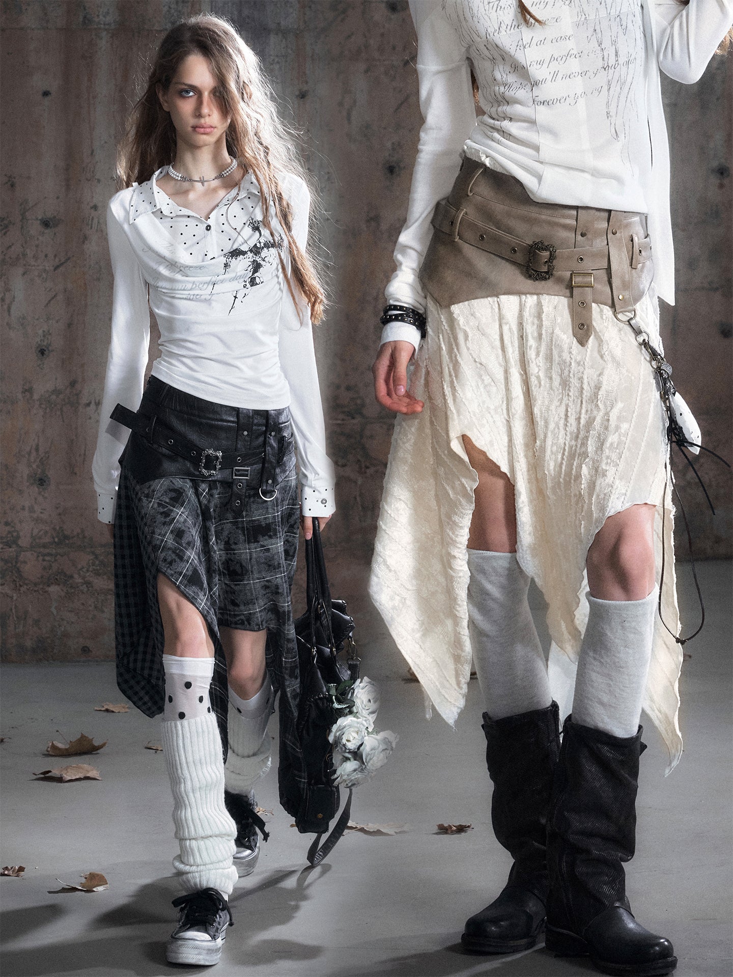 Velvet Patchwork Asymmetric Checkered Hem Midi Skirt