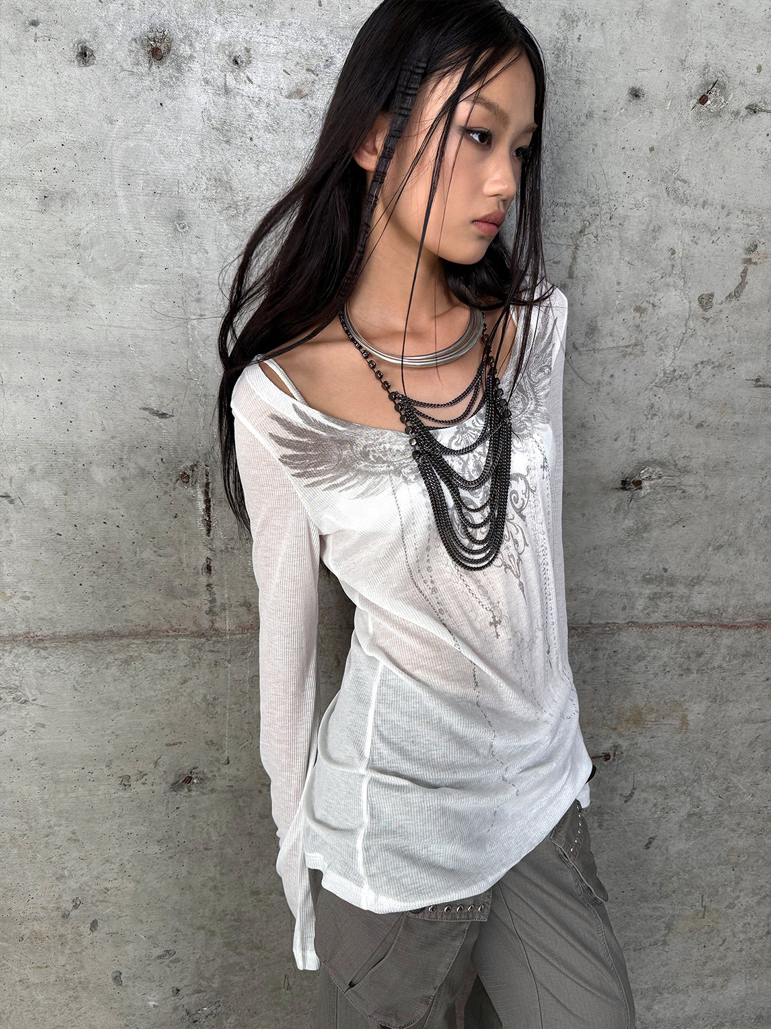 Slub Cotton Cut-Out Print Long Sleeve Tee