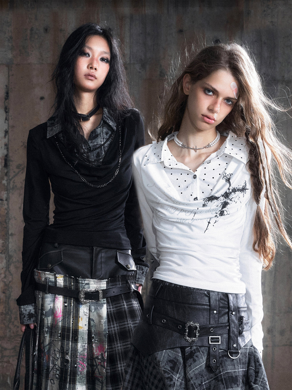 Plaid Tie-Dye Black Draped Long Sleeve Shirt