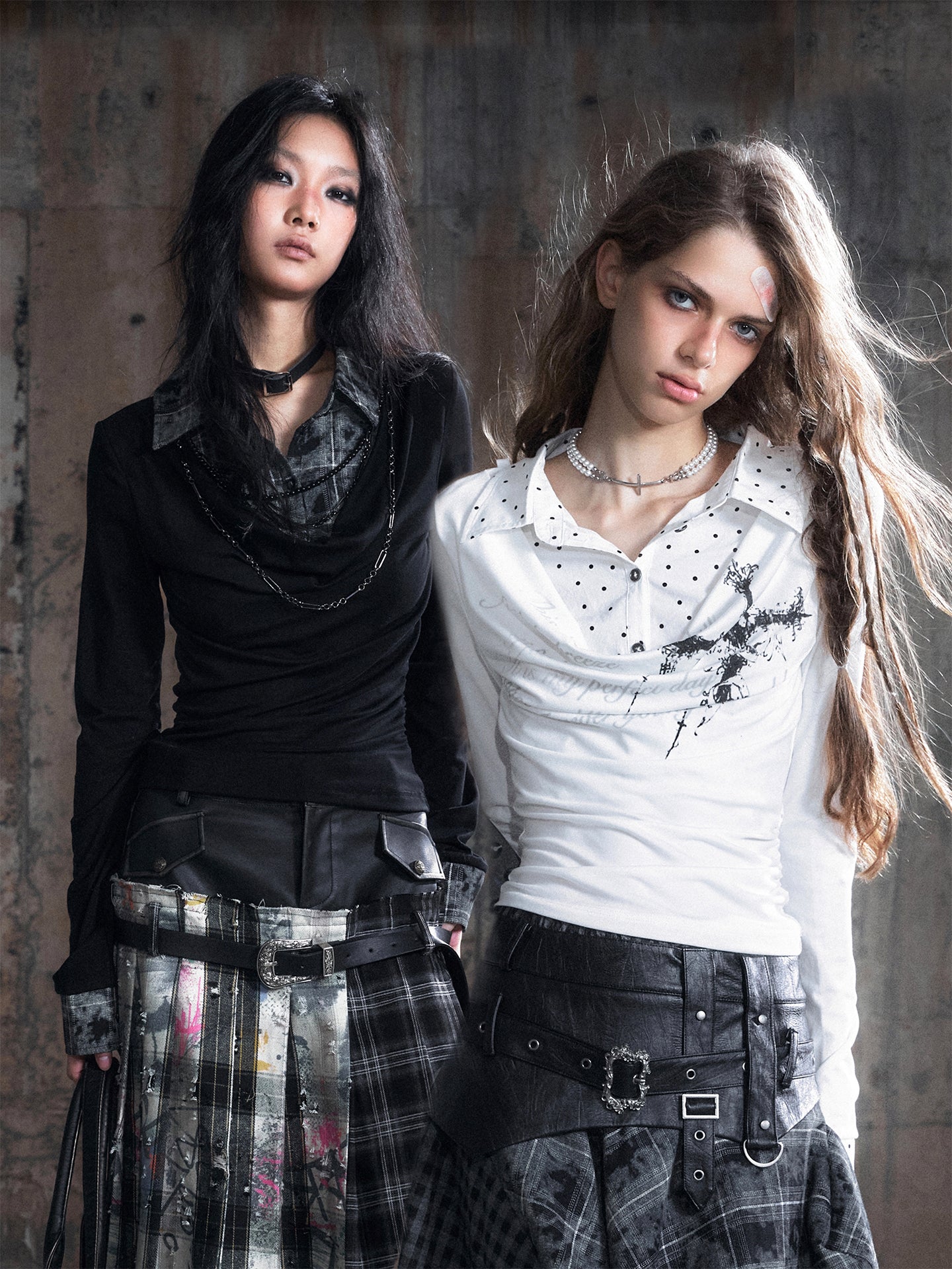 Plaid Tie-Dye Black Draped Long Sleeve Shirt