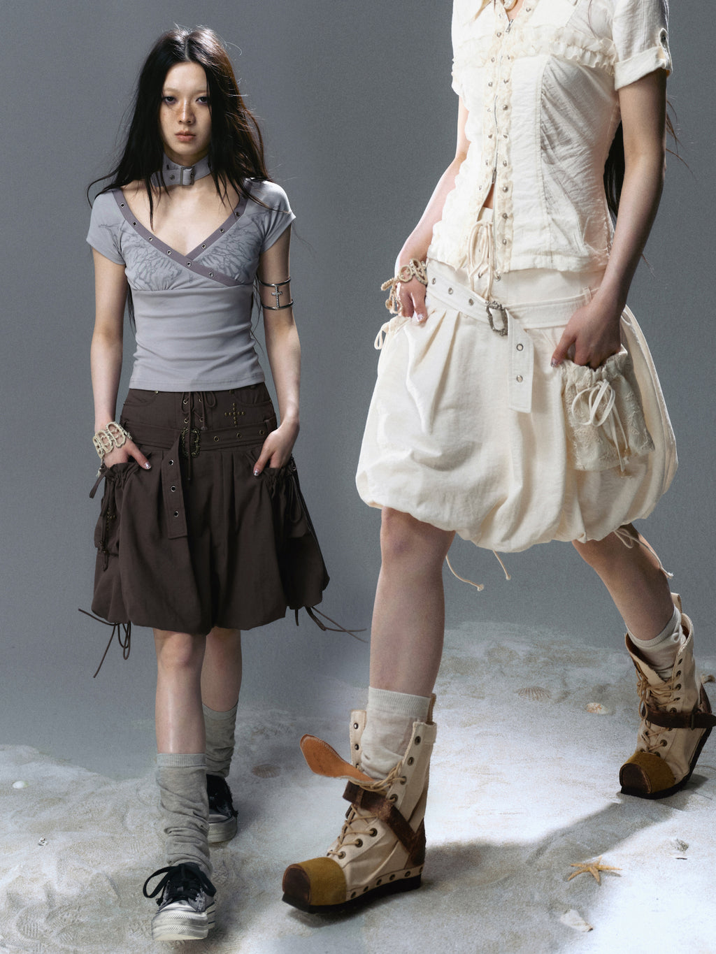 Mid-Waist Lace-Up Studded Cargo Skirt
