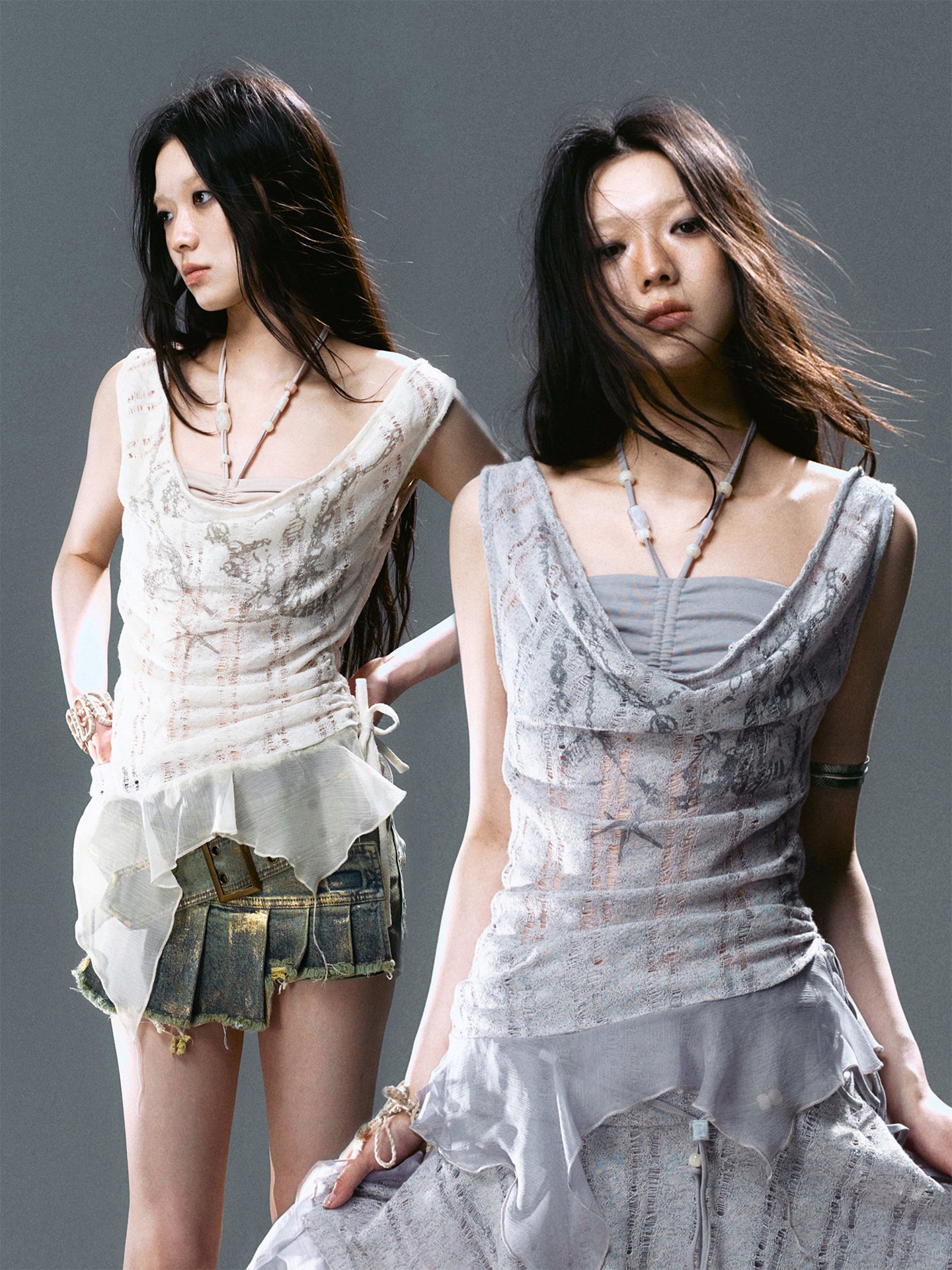 Beaded Chiffon Cut-Out Draped Neck Shell Top