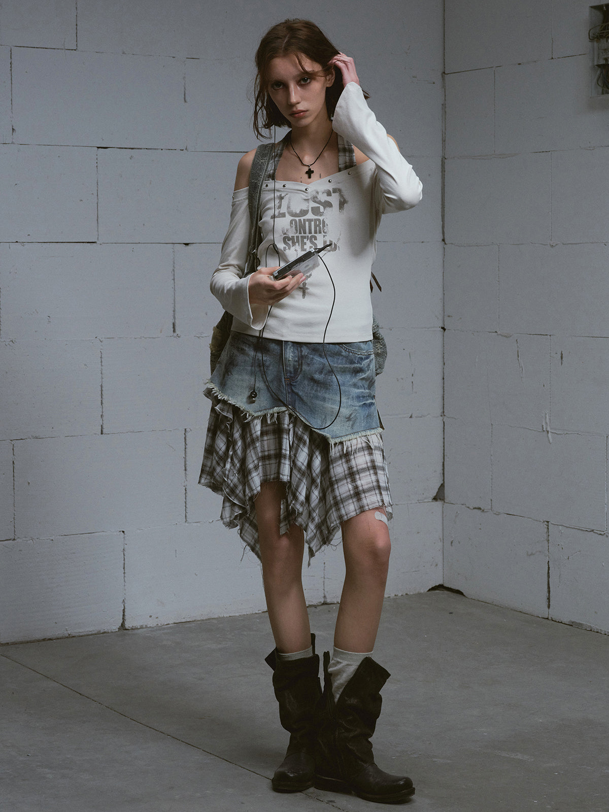 Dirty Wash Deconstructed Plaid Skirt
