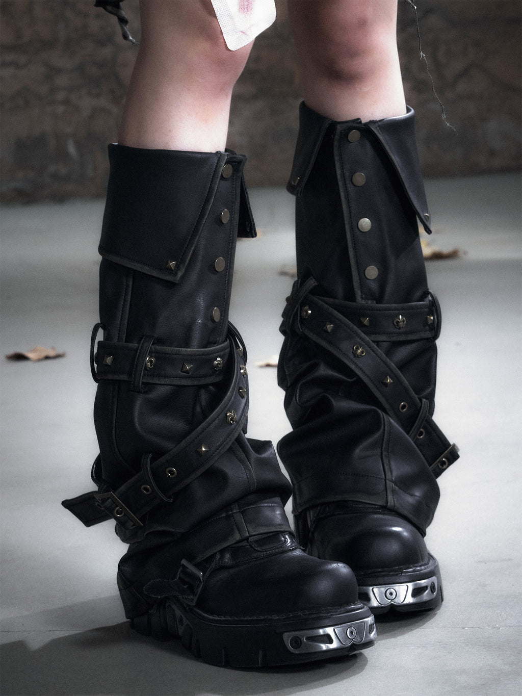 Irregular Studded Leather Strap Washed Button Leg Warmers