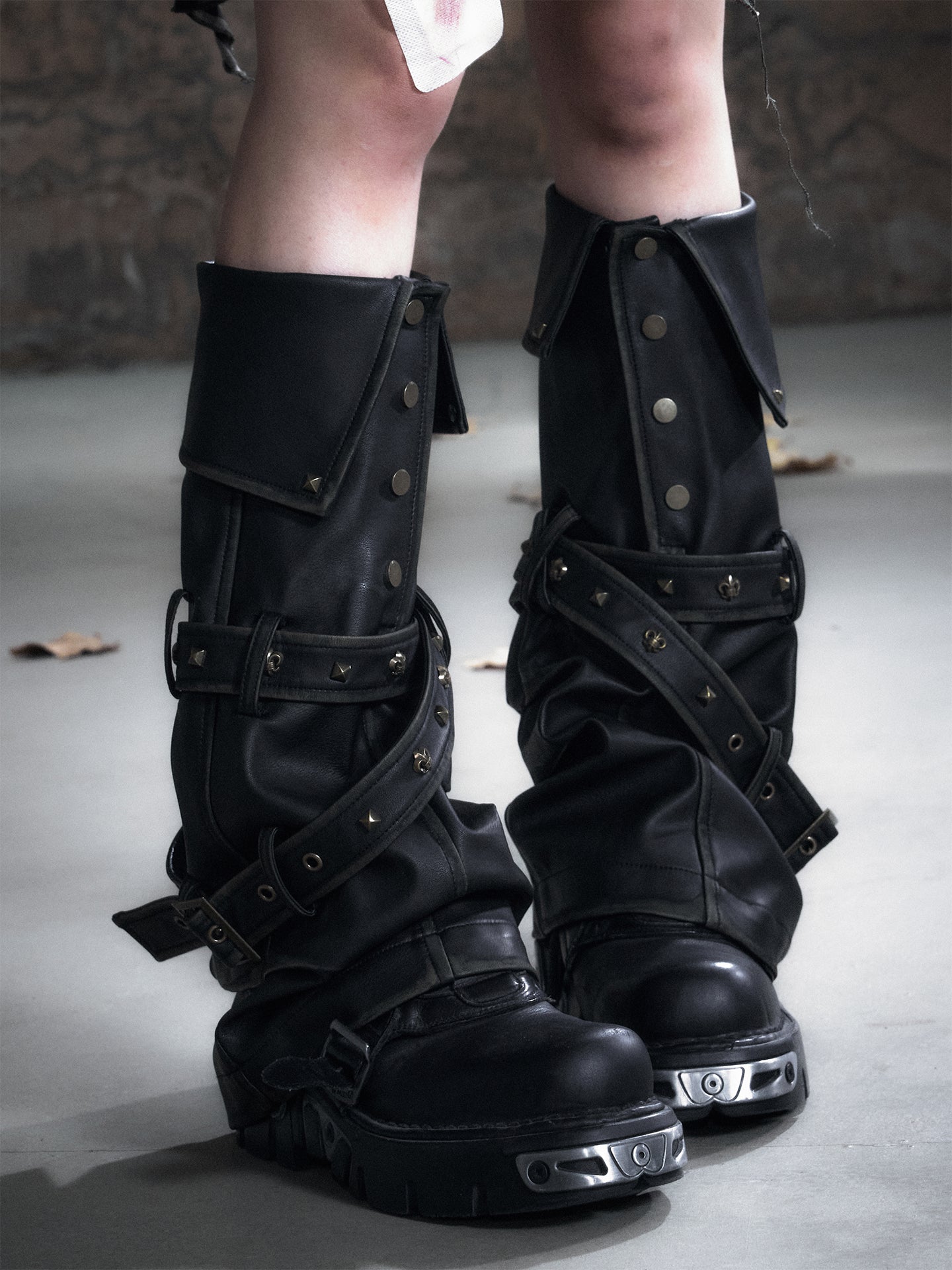 Irregular Studded Leather Strap Washed Button Leg Warmers