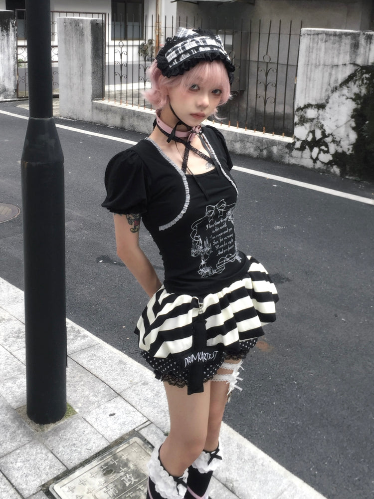 Lace-Up Floral Print Puff Sleeve Tee