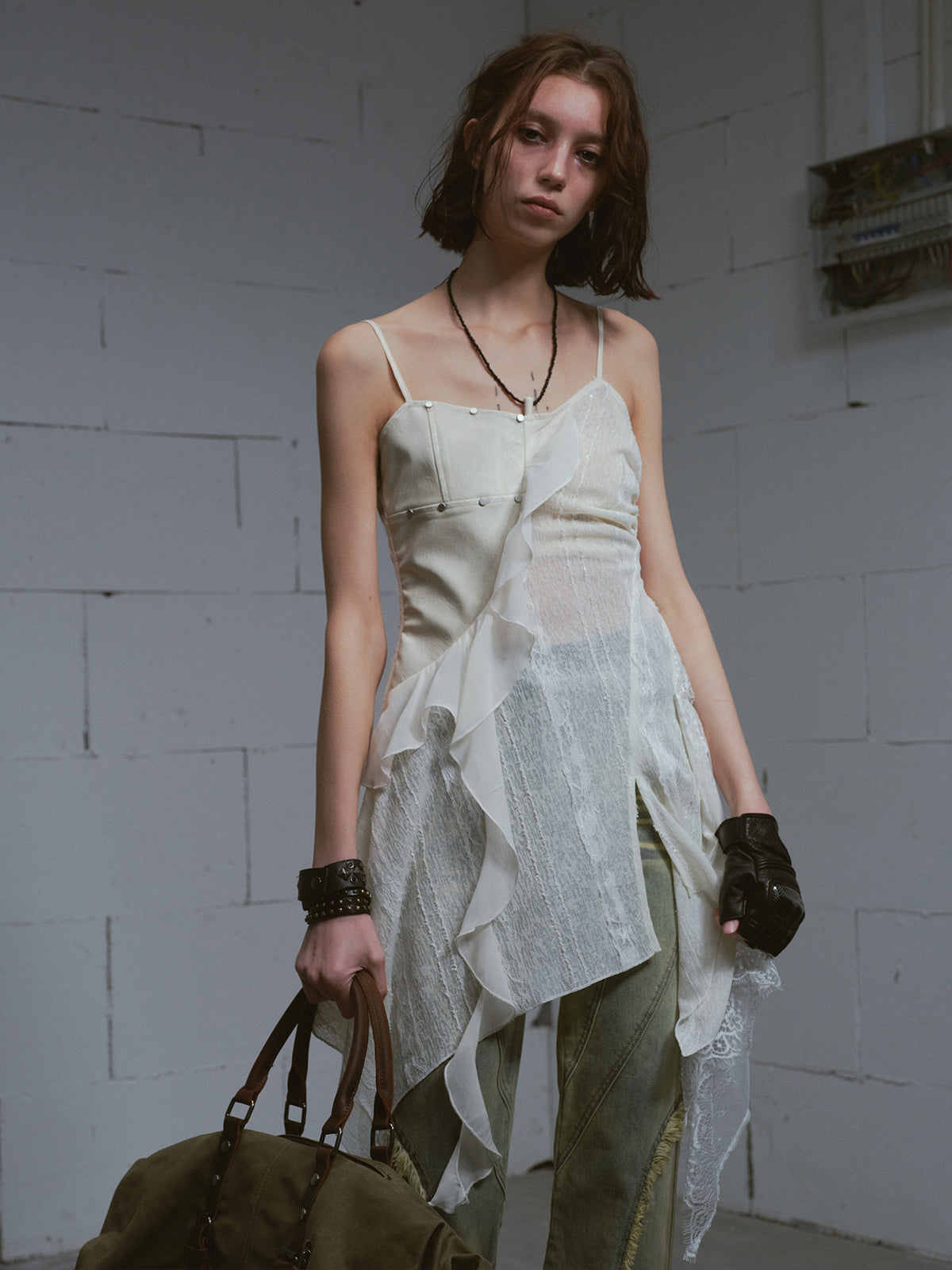 Leather-Panel Sheer Lace Slip Dress