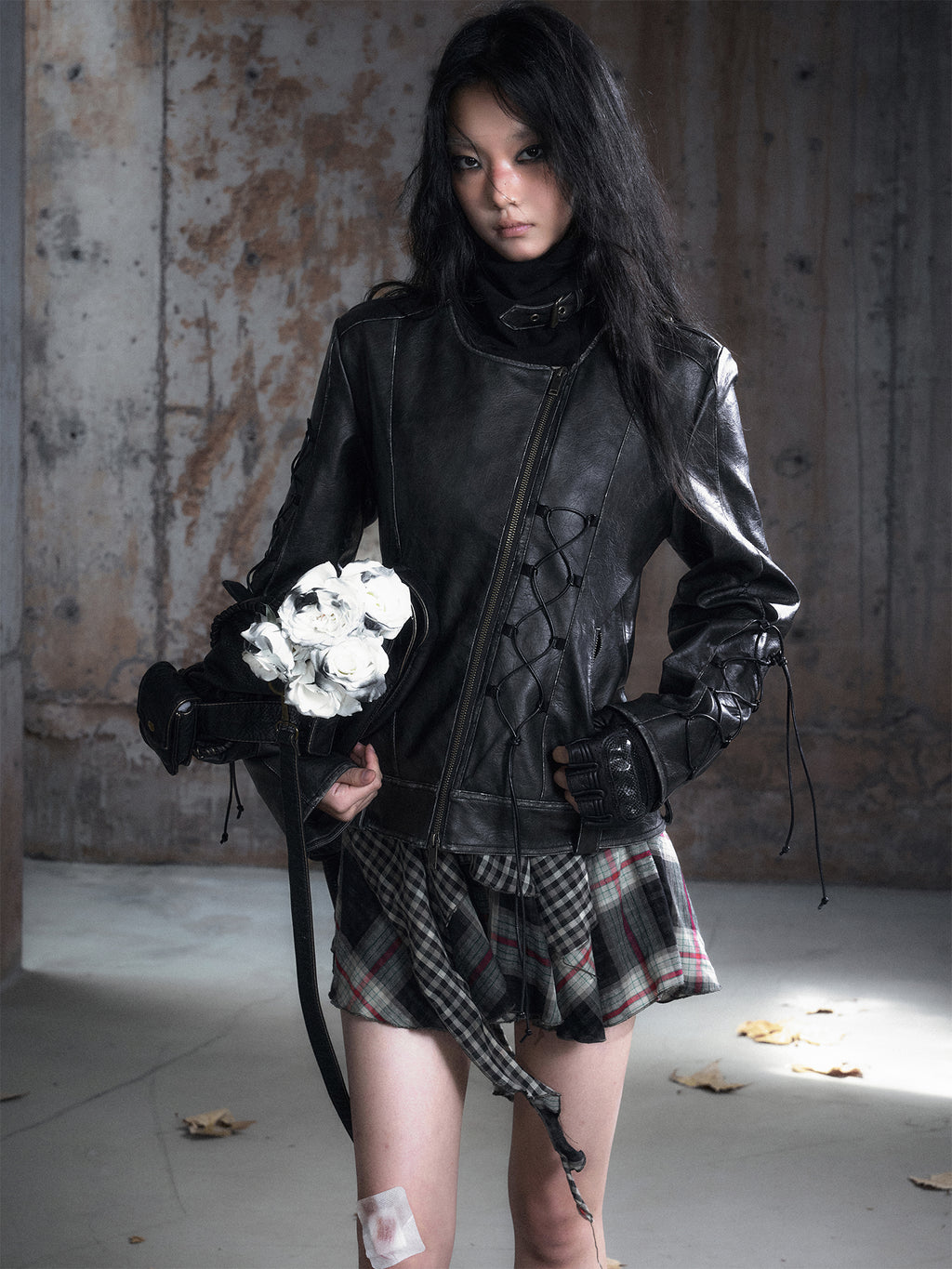 Knit Panel Stacked Collar Washed Leather Jacket