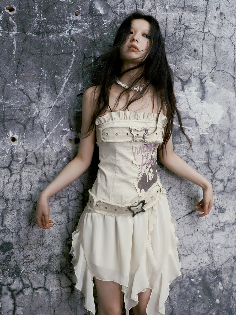Beige Graffiti Corset Dress with Butterfly Buckle