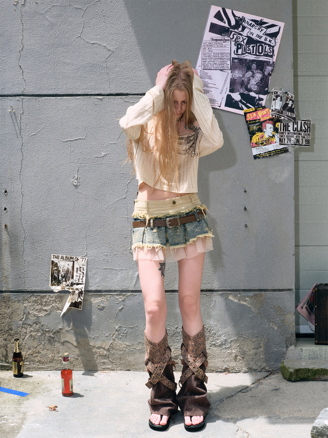 Denim mesh deconstructed pleated skirt