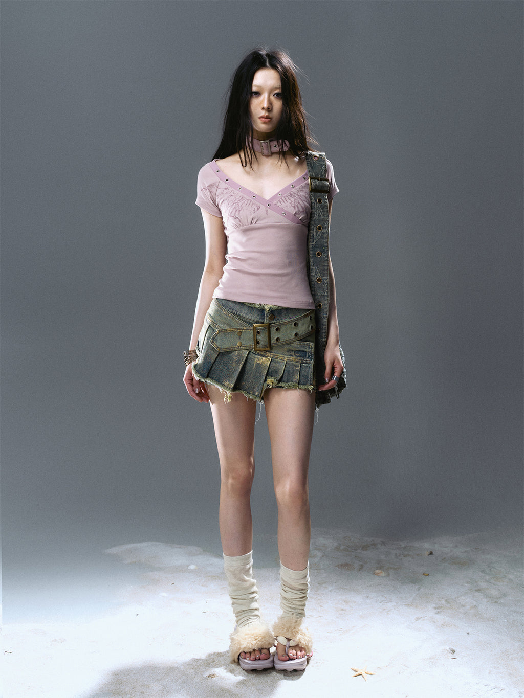 Asymmetrical Gold-Foil Raw Hem Denim Skort