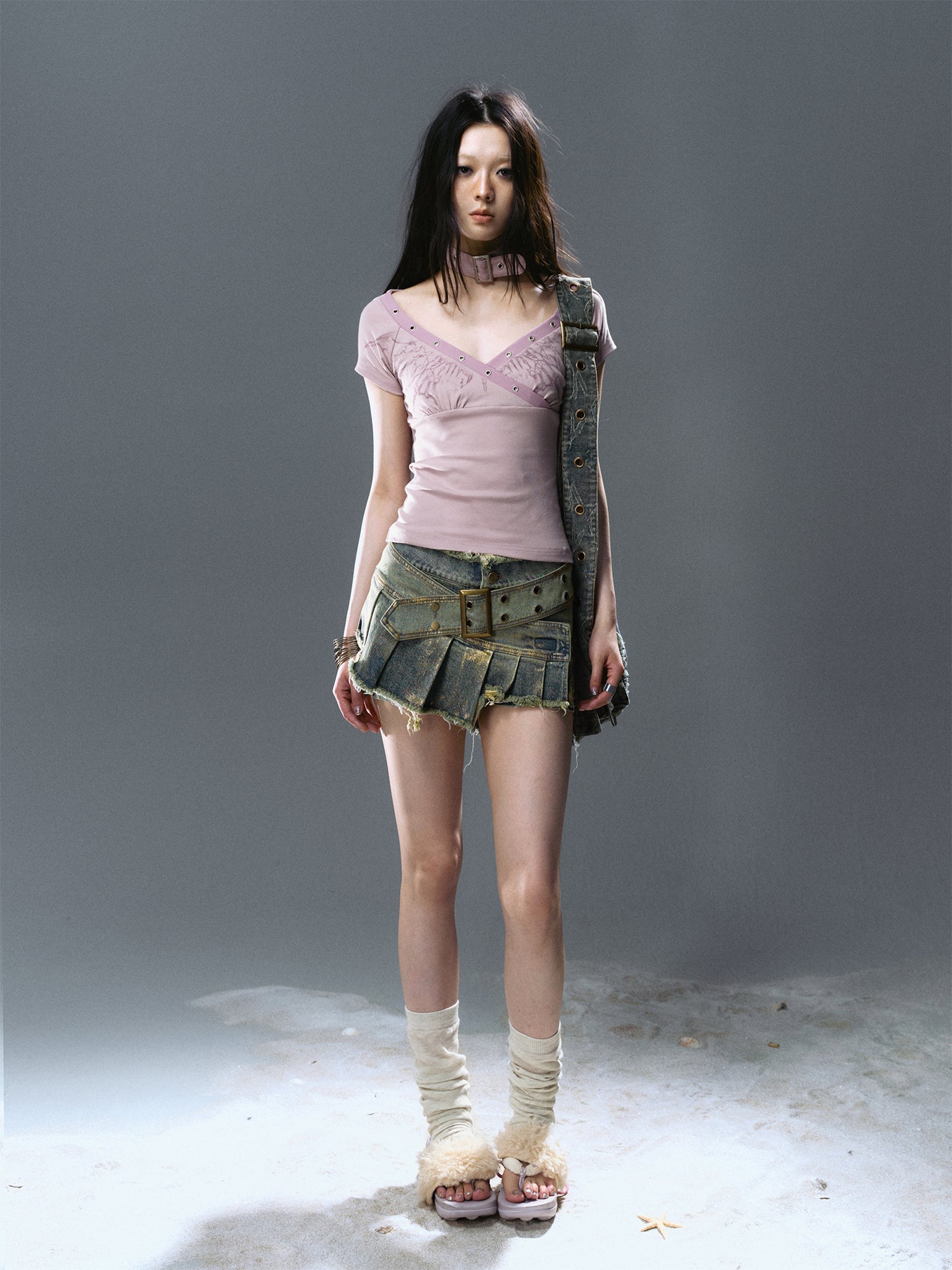 Asymmetrical Gold-Foil Raw Hem Denim Skort
