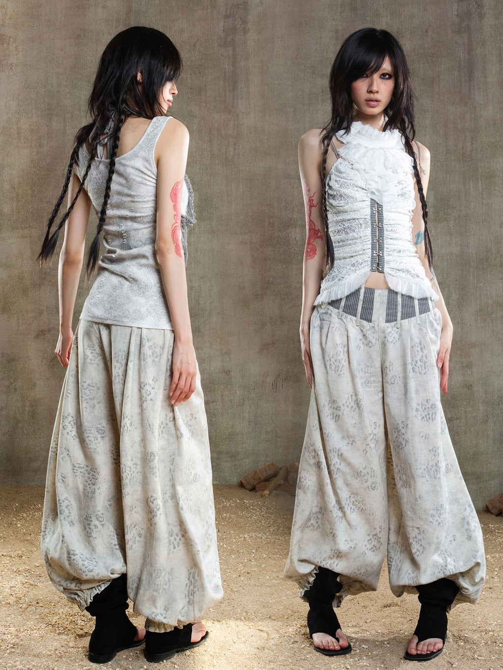 Fishbone Waistband Low-Rise Pants