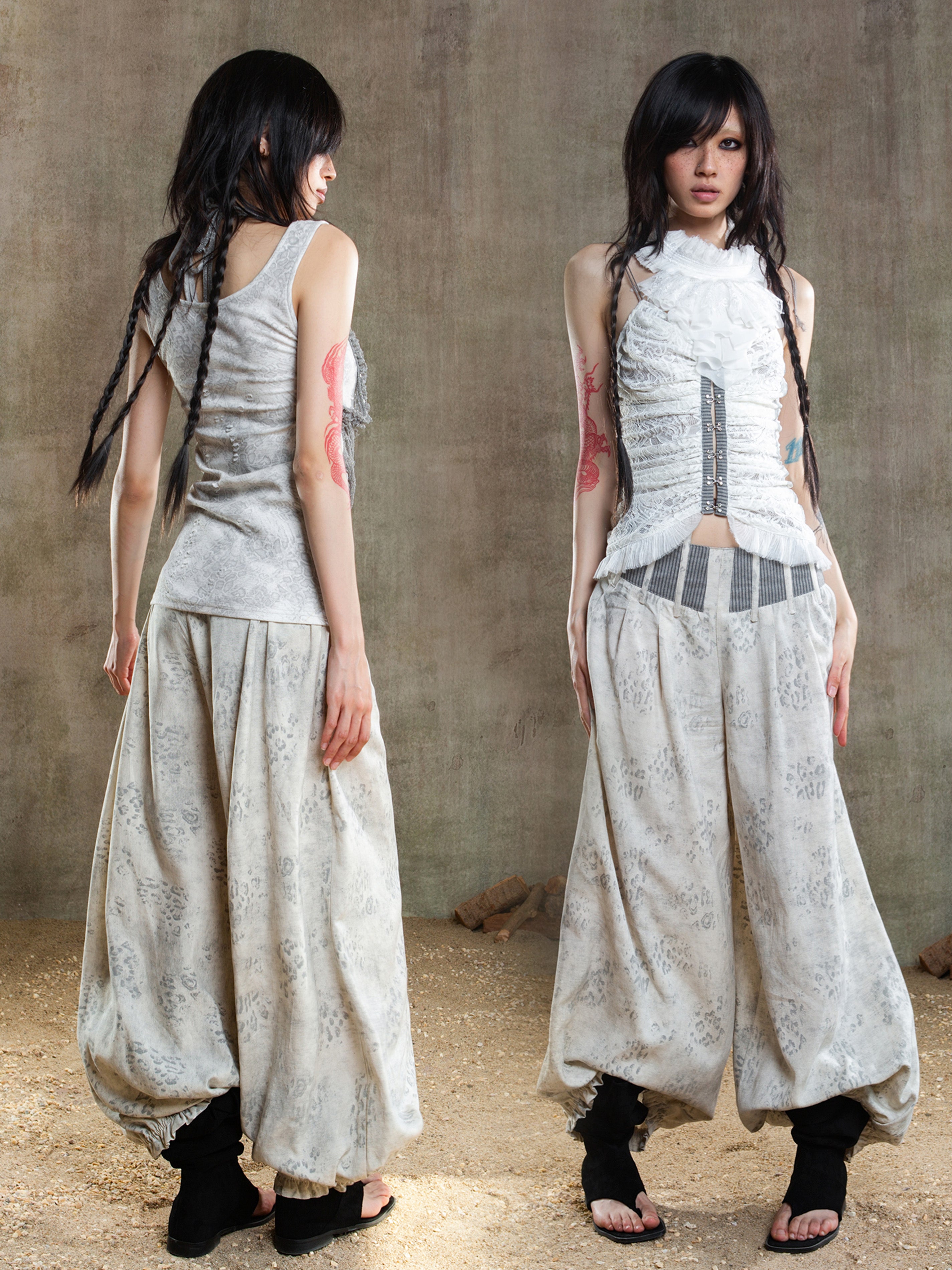 Fishbone Waistband Low-Rise Pants