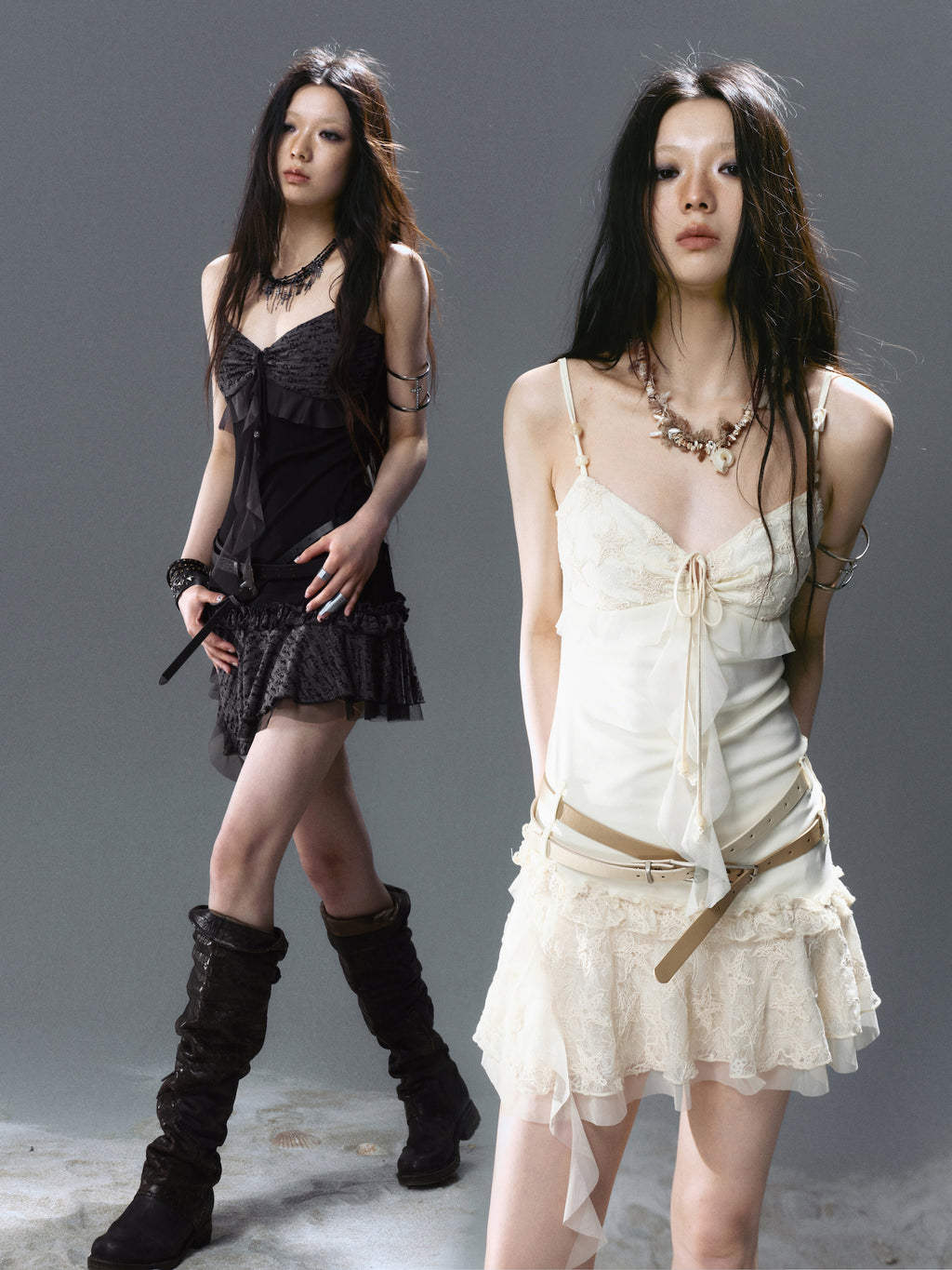 Pleated strap belt patchwork suspender skirt