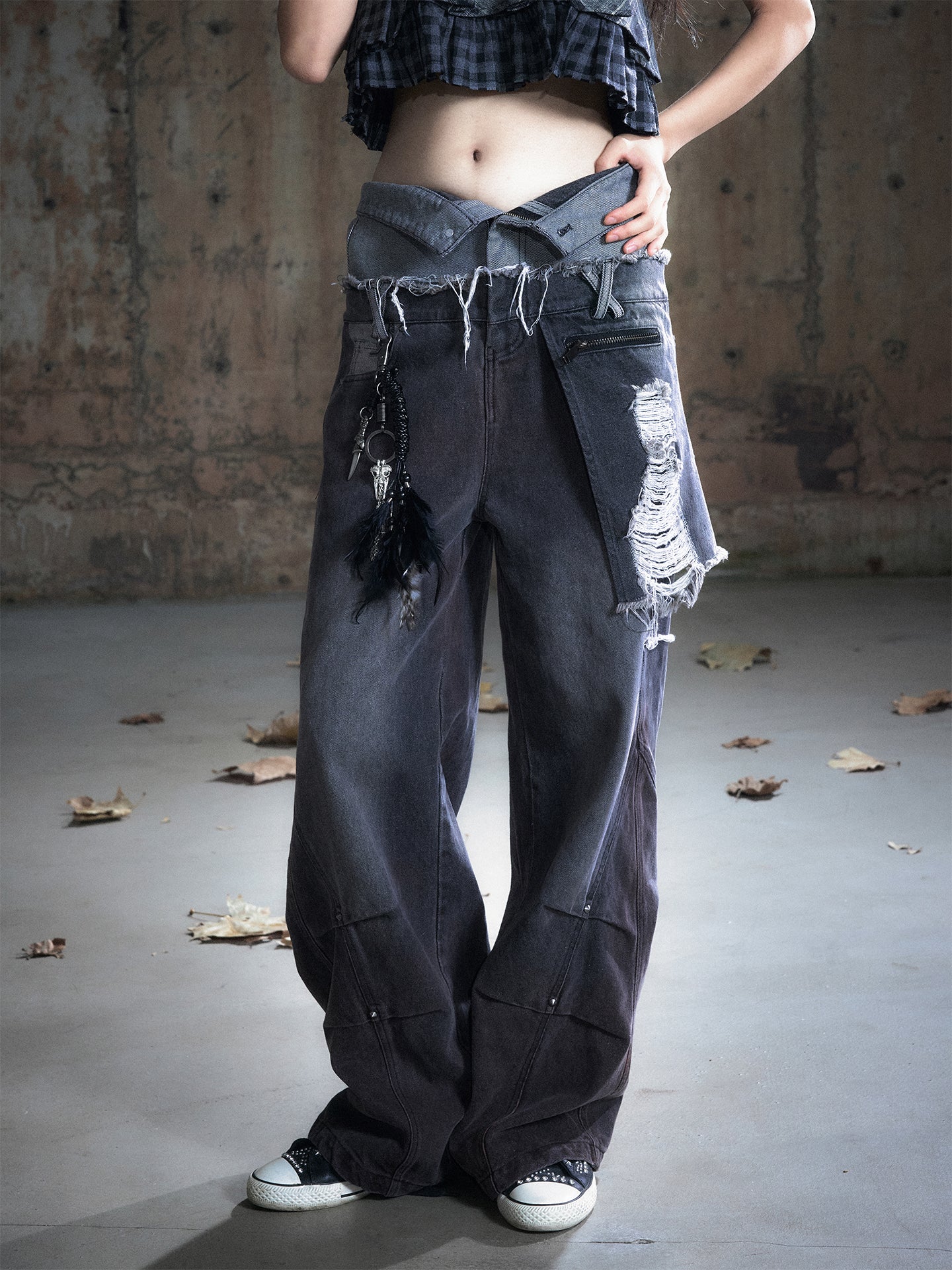 Double Fold Waist Dirty Wash Ripped Wide Leg Pants