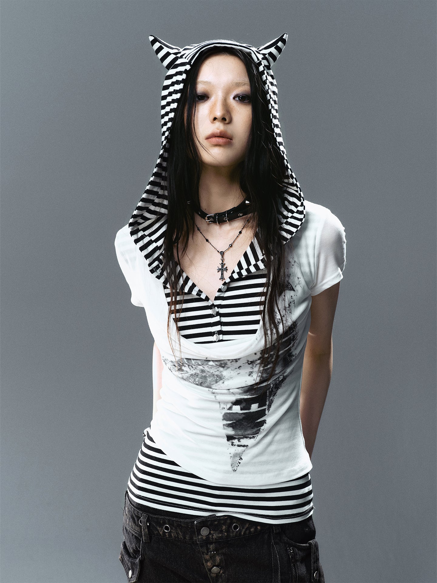 Cat-Ear Hooded Draped Neck T-Shirt