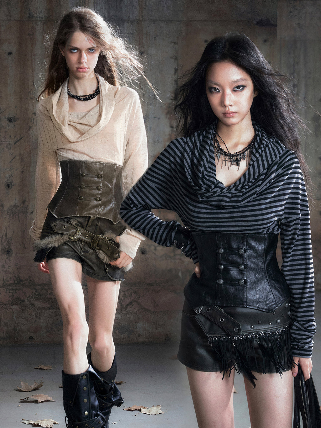 Leather Corset Striped Draped Knit Long Sleeve Tee