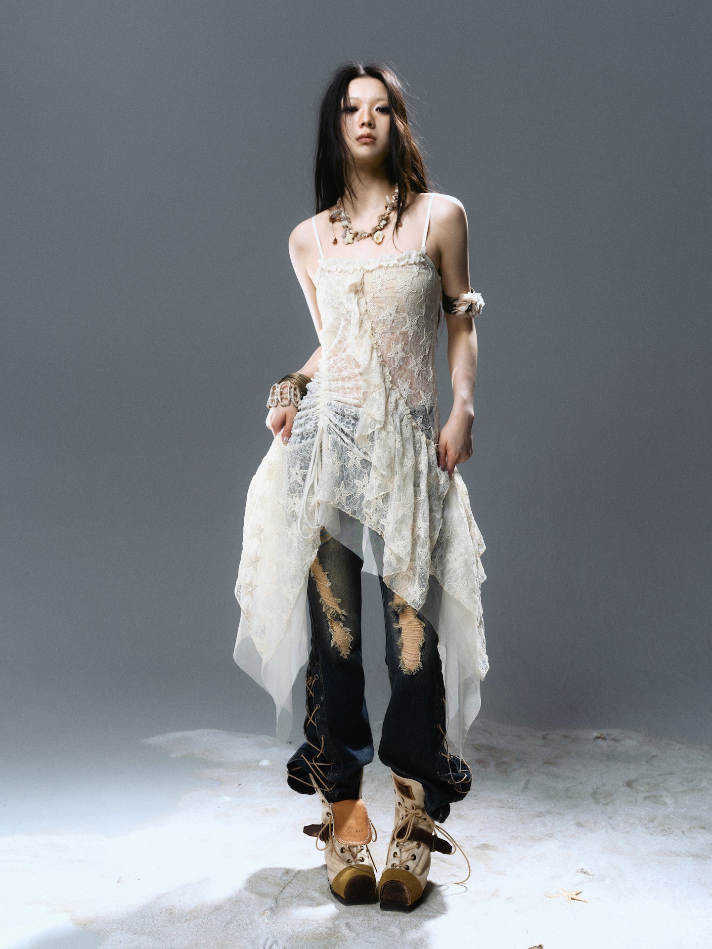 Asymmetrical Mesh Layered Camisole Dress