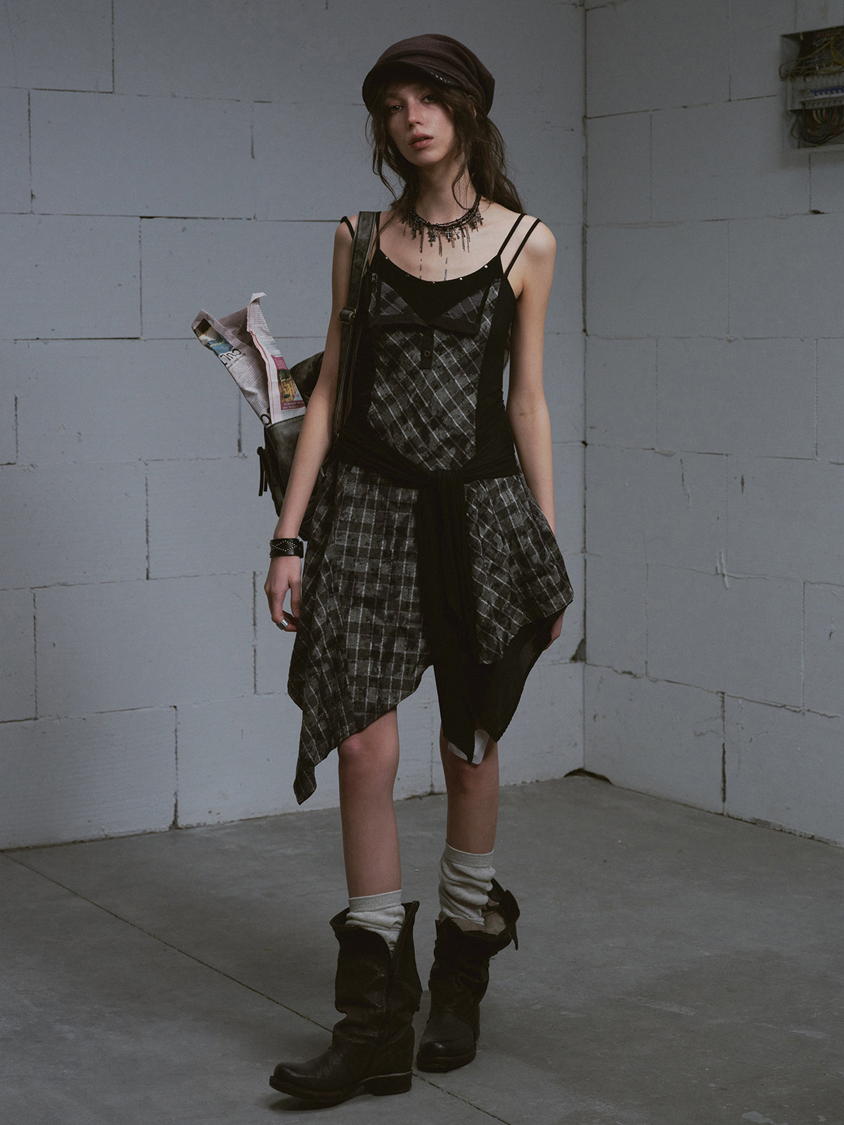 Layered Black & Gray Plaid Slip Dress