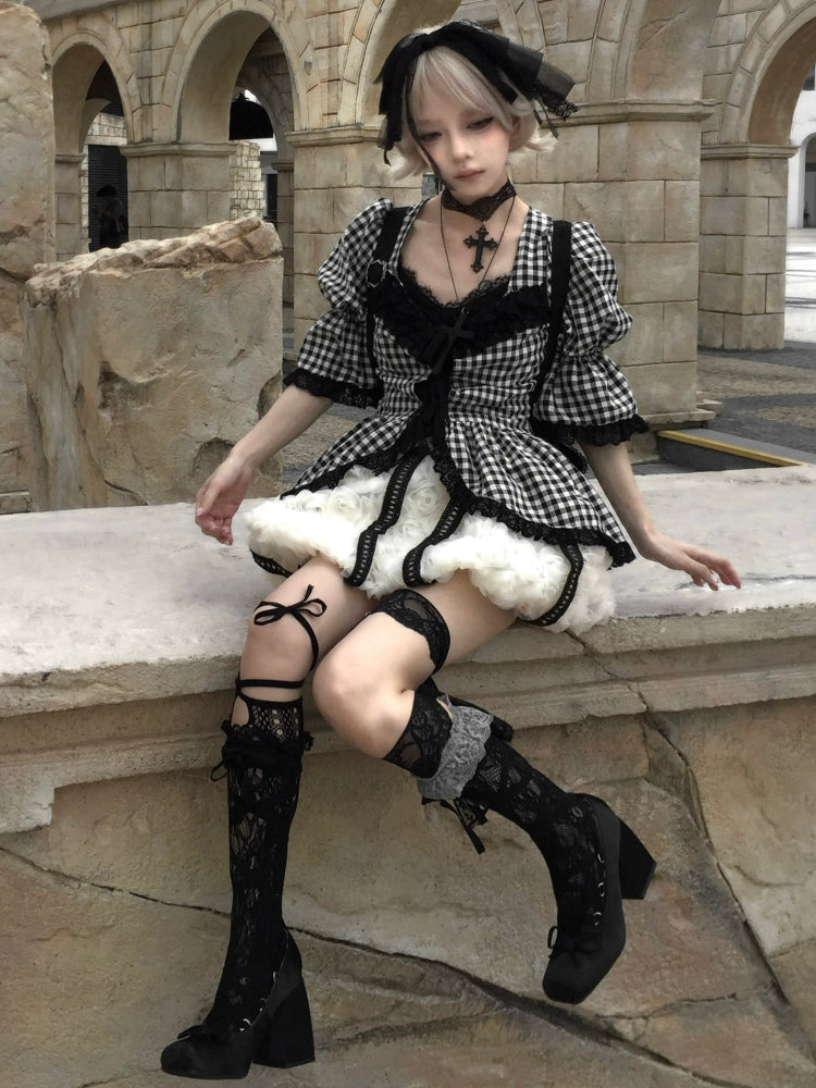 Plaid Lace Tie-Front Rose Blouse/Dress