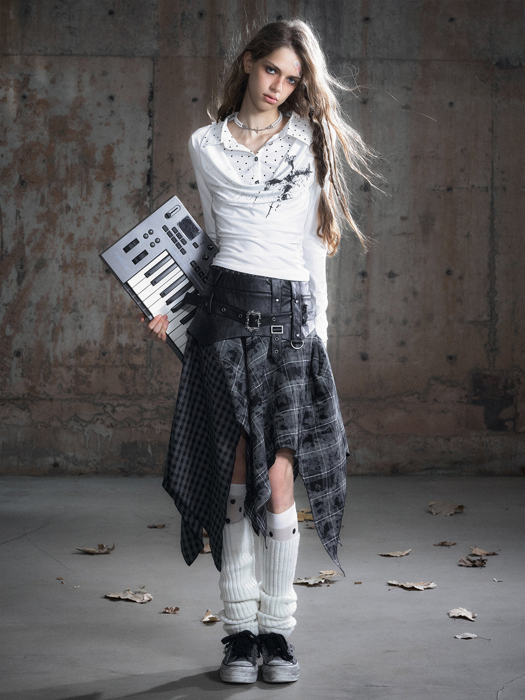 Velvet Patchwork Asymmetric Checkered Hem Midi Skirt