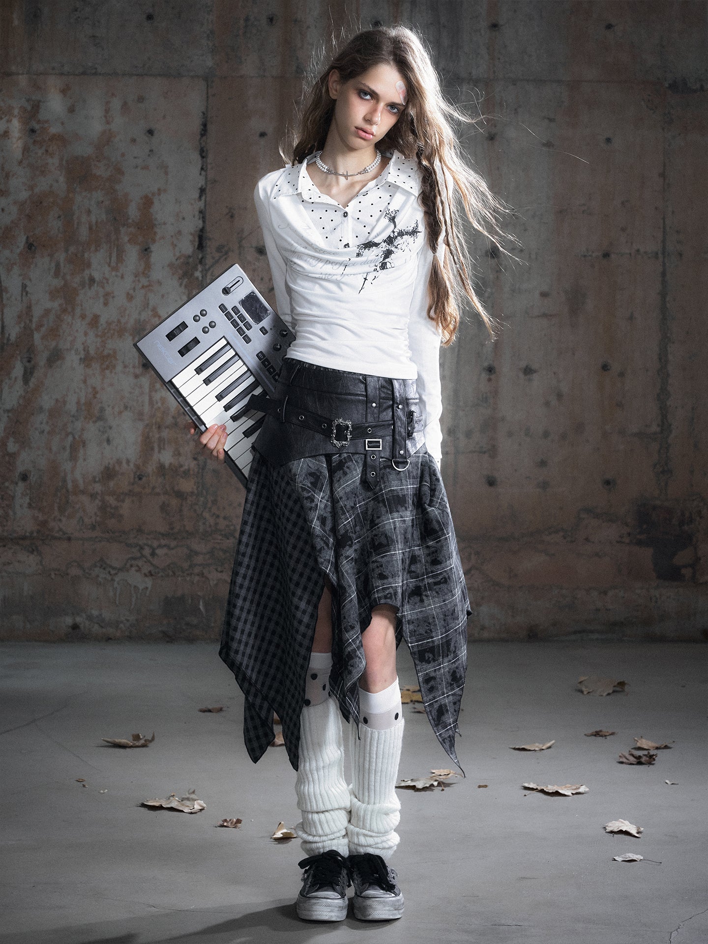 Velvet Patchwork Asymmetric Checkered Hem Midi Skirt