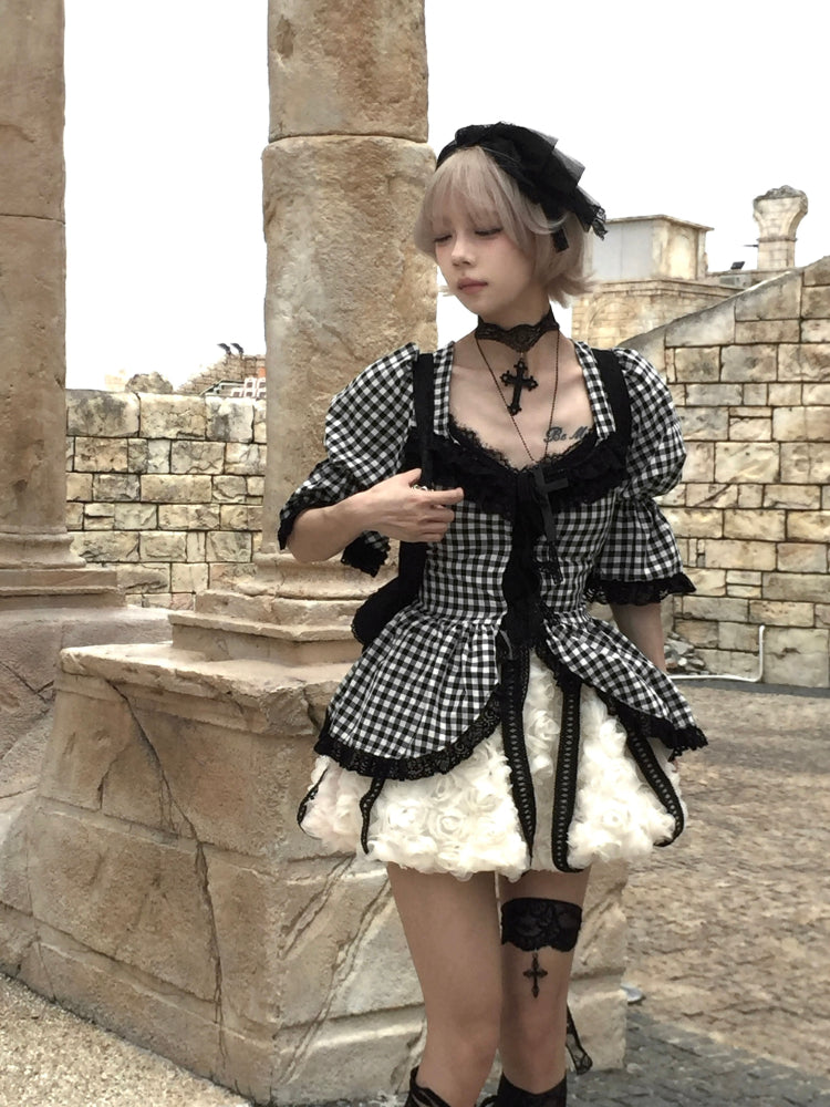 Plaid Lace Tie-Front Rose Blouse/Dress