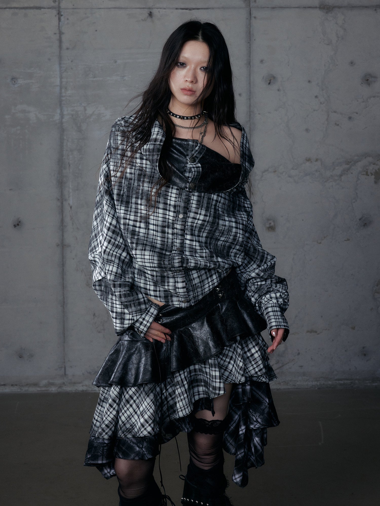 Deconstructed Checkered Waist-Cinching Reversible Leather Hoodie