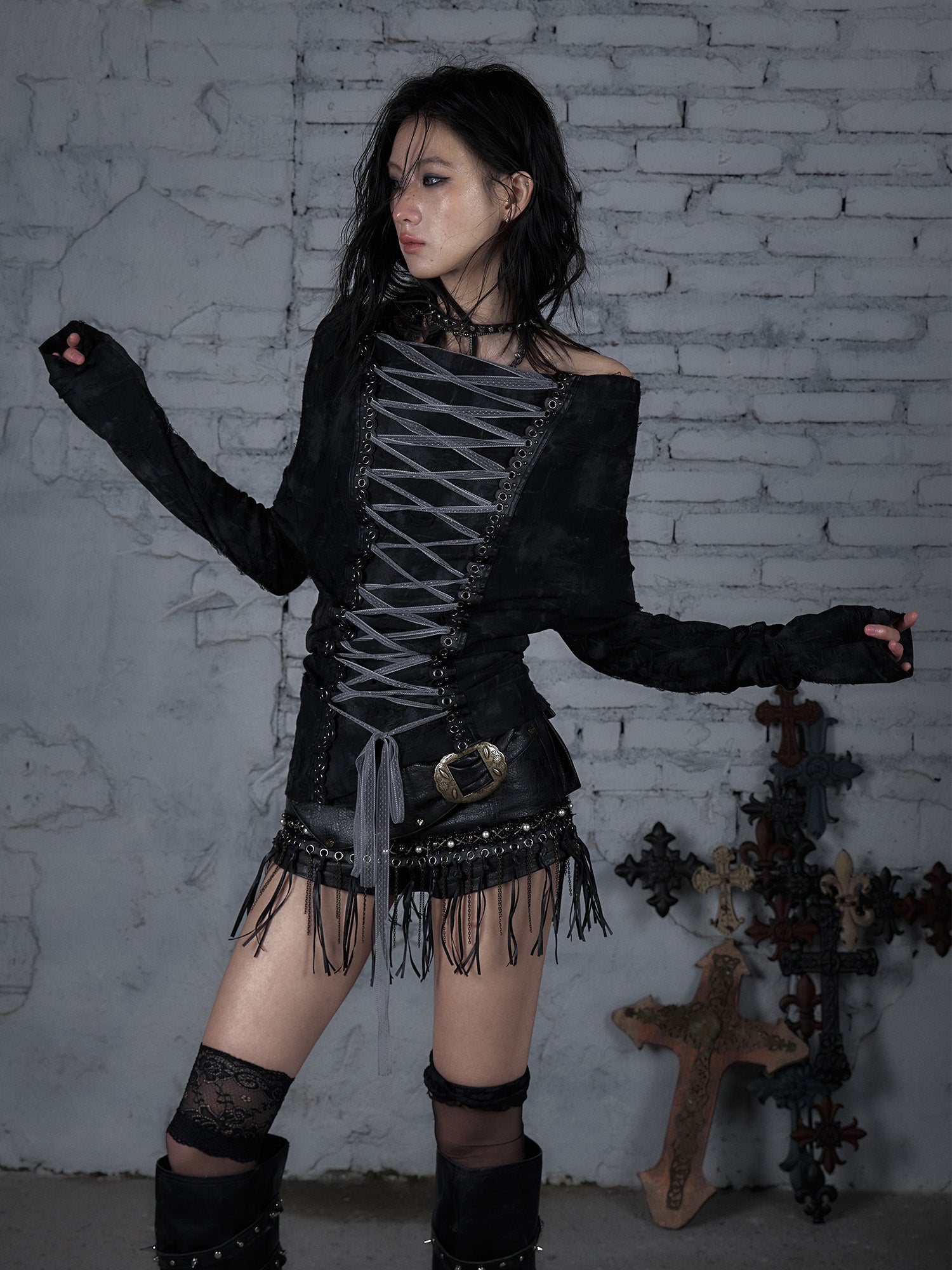 Strapless Tie-Front Two-Way Long Sleeve Tee