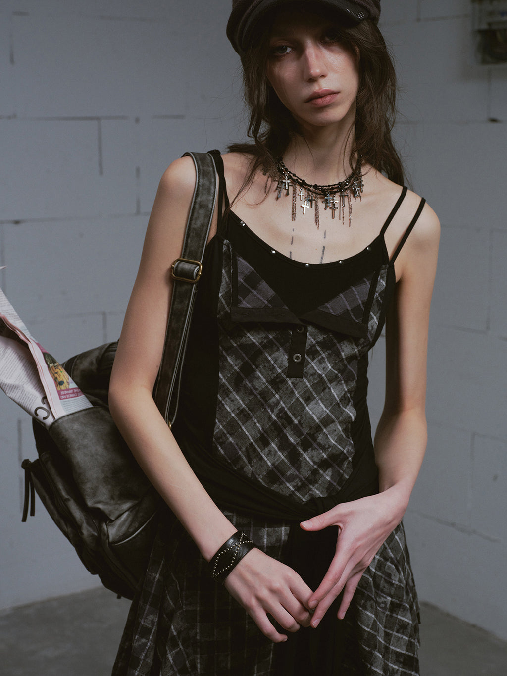 Layered Black & Gray Plaid Slip Dress