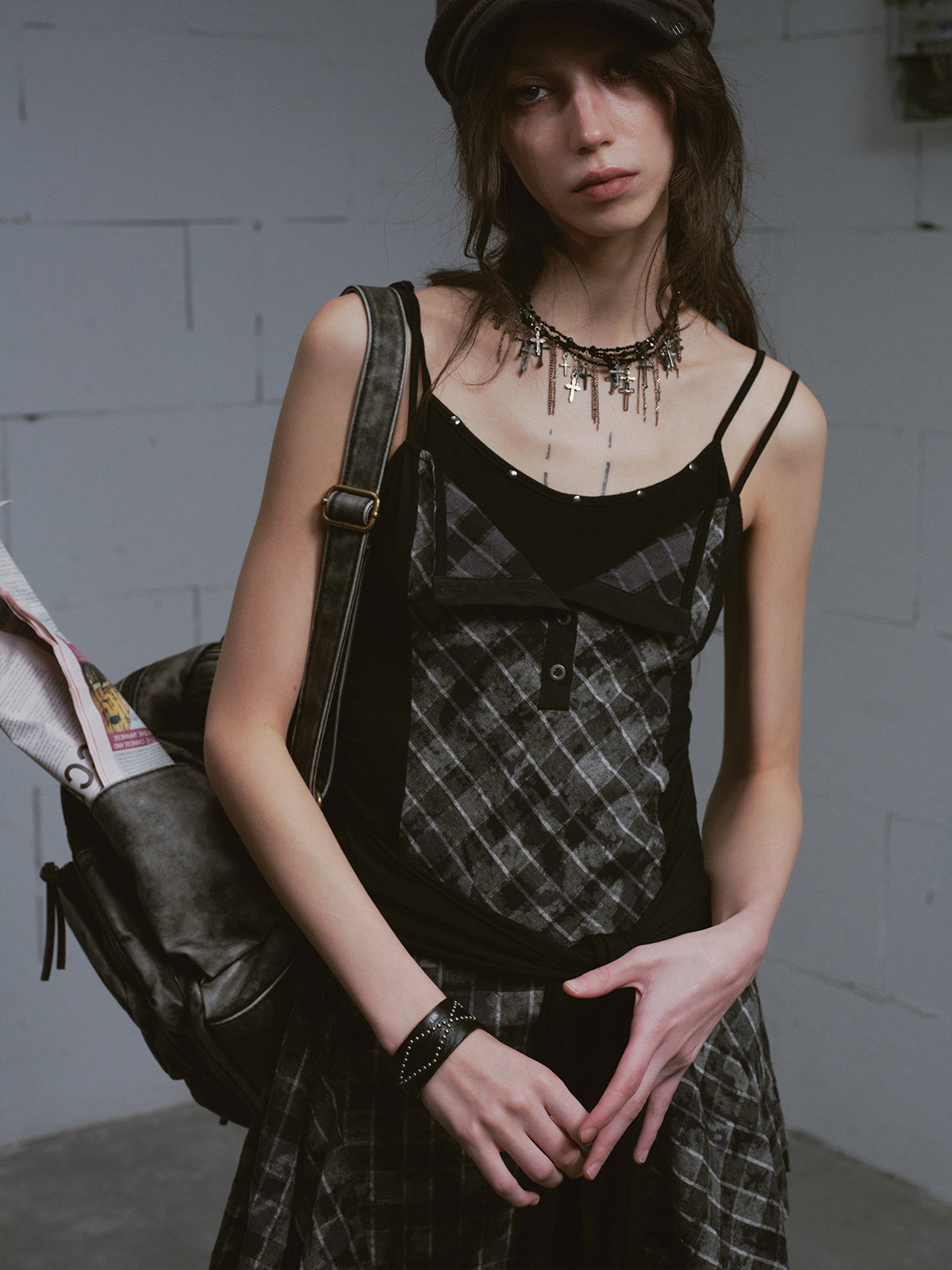 Layered Black & Gray Plaid Slip Dress