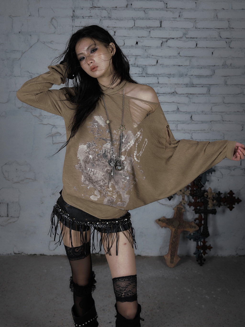 Distressed Off-Shoulder Loose Knit Sunshirt