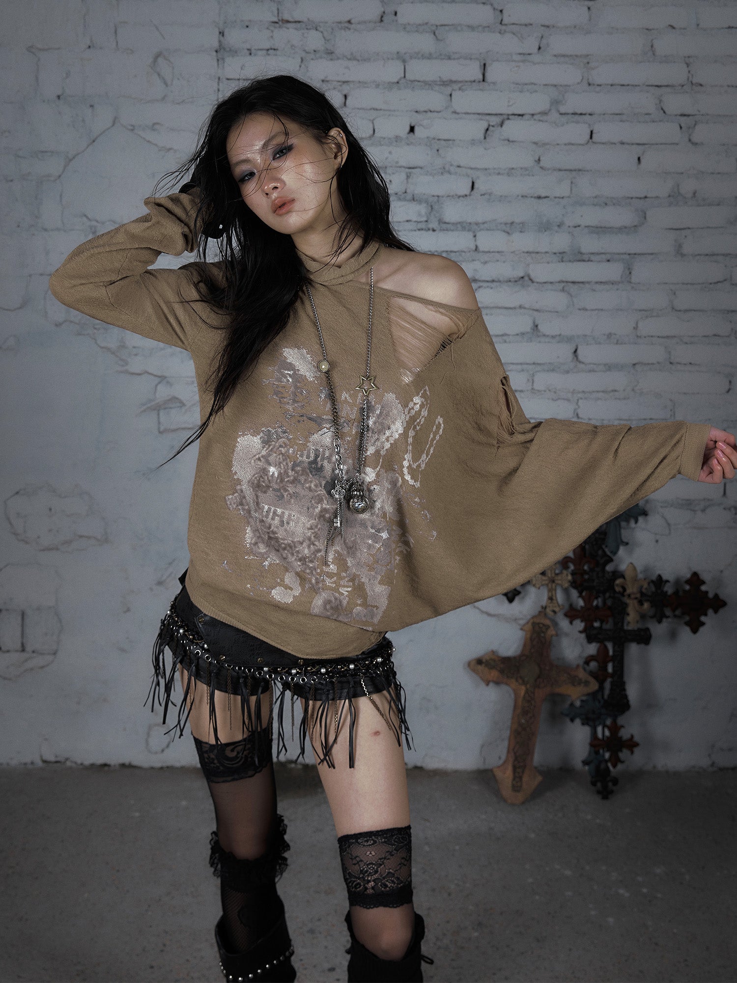 Distressed Off-Shoulder Loose Knit Sunshirt