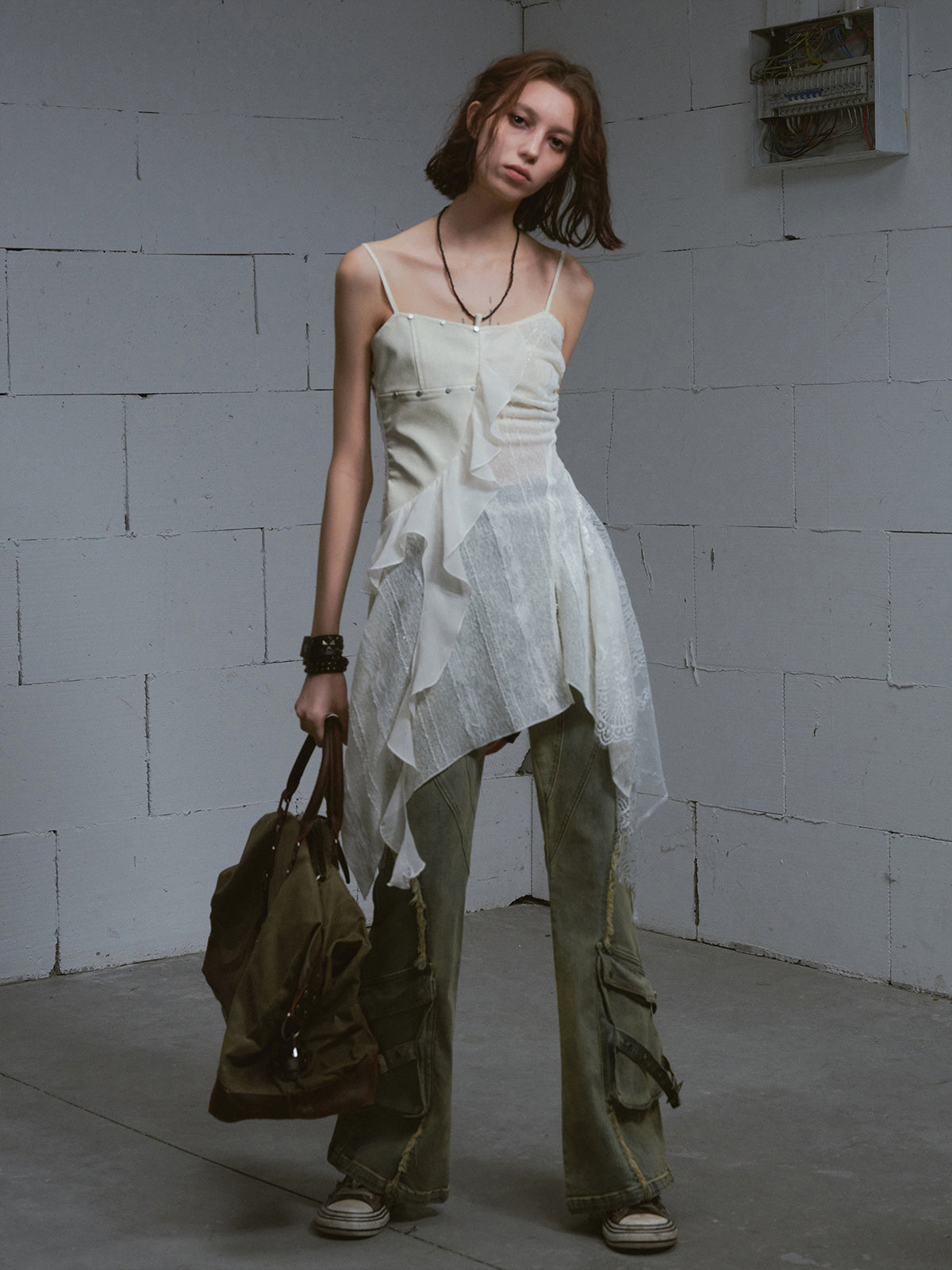 Leather-Panel Sheer Lace Slip Dress