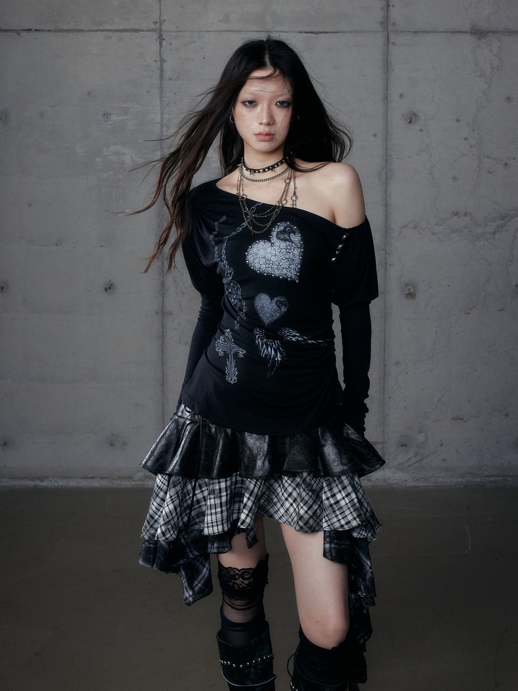 Baroque Puff Sleeve Asymmetric Slim Print Long Sleeve Tee