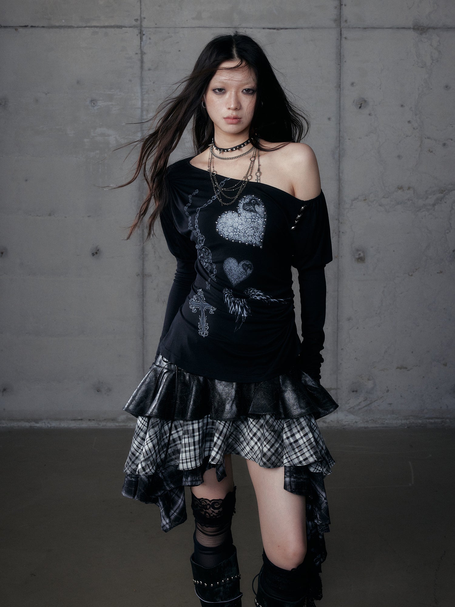 Baroque Puff Sleeve Asymmetric Slim Print Long Sleeve Tee